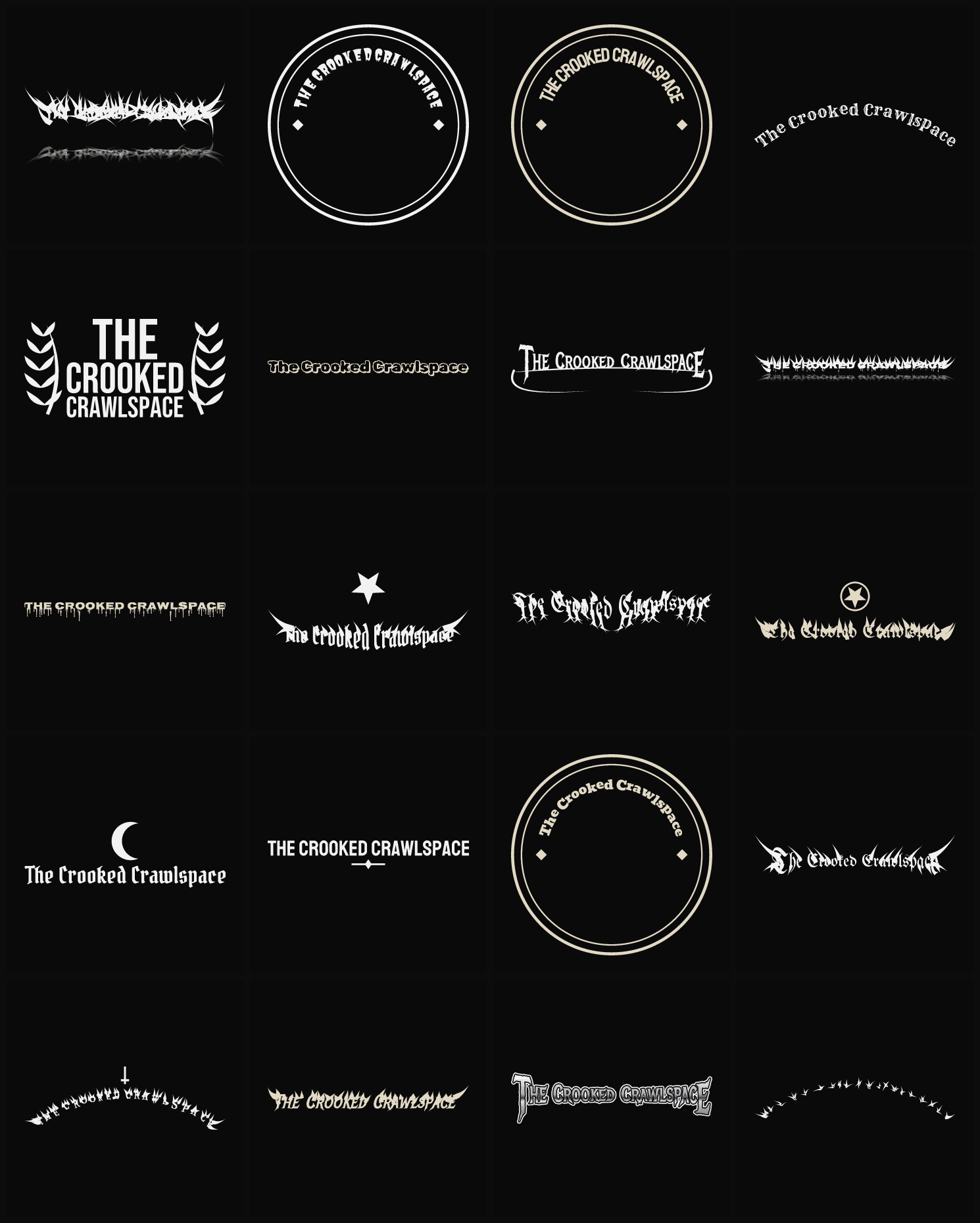 Twenty The Crooked Crawlspace band logo ideas — different faces, treatments and spike settings