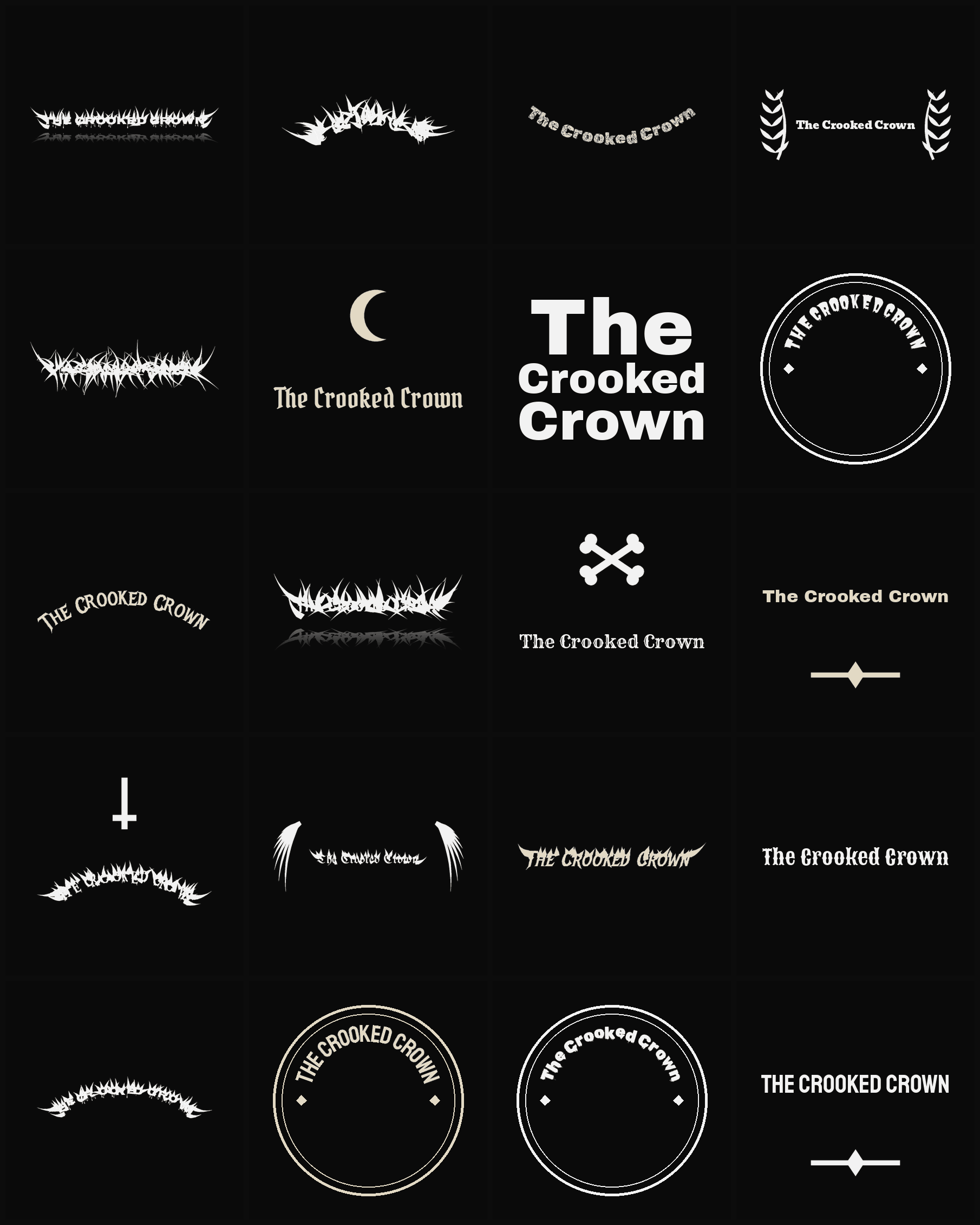 Twenty The Crooked Crown band logo ideas — different faces, treatments and spike settings