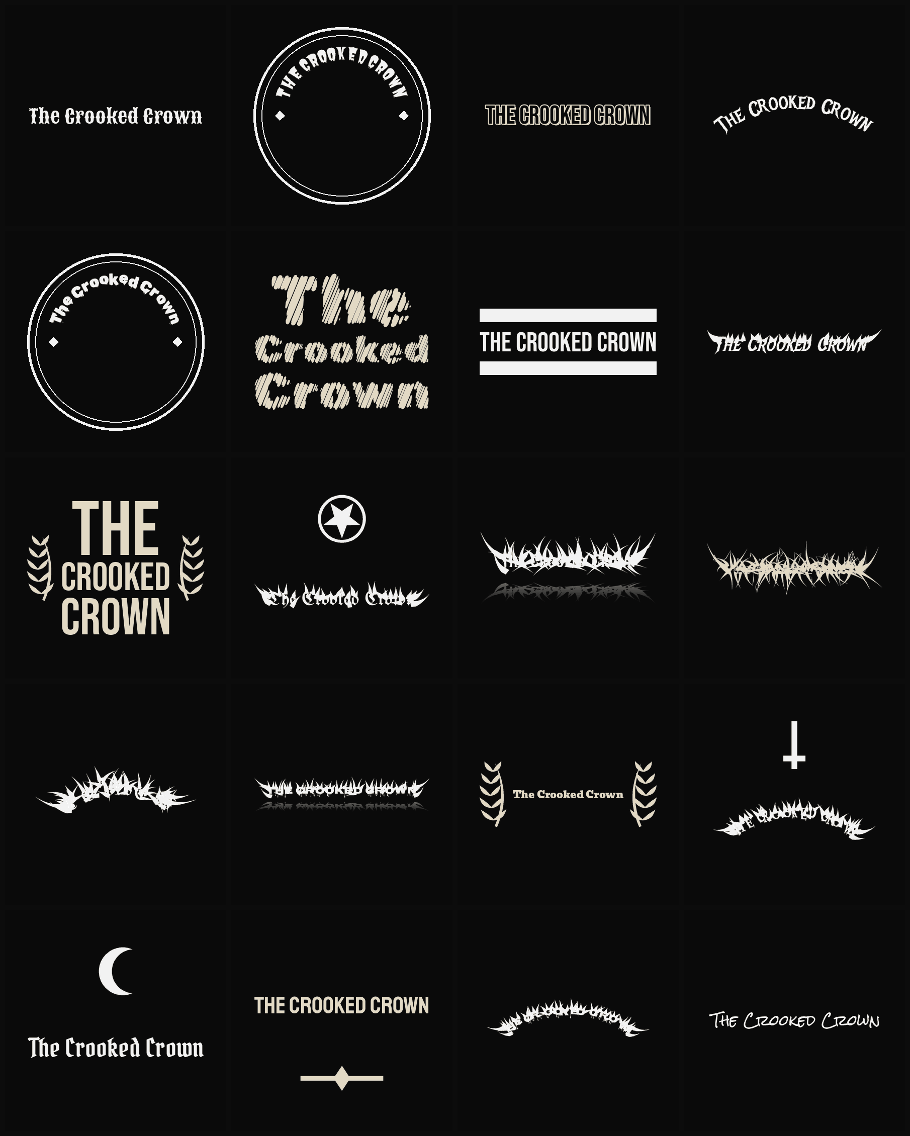 Twenty The Crooked Crown band logo ideas — different faces, treatments and spike settings