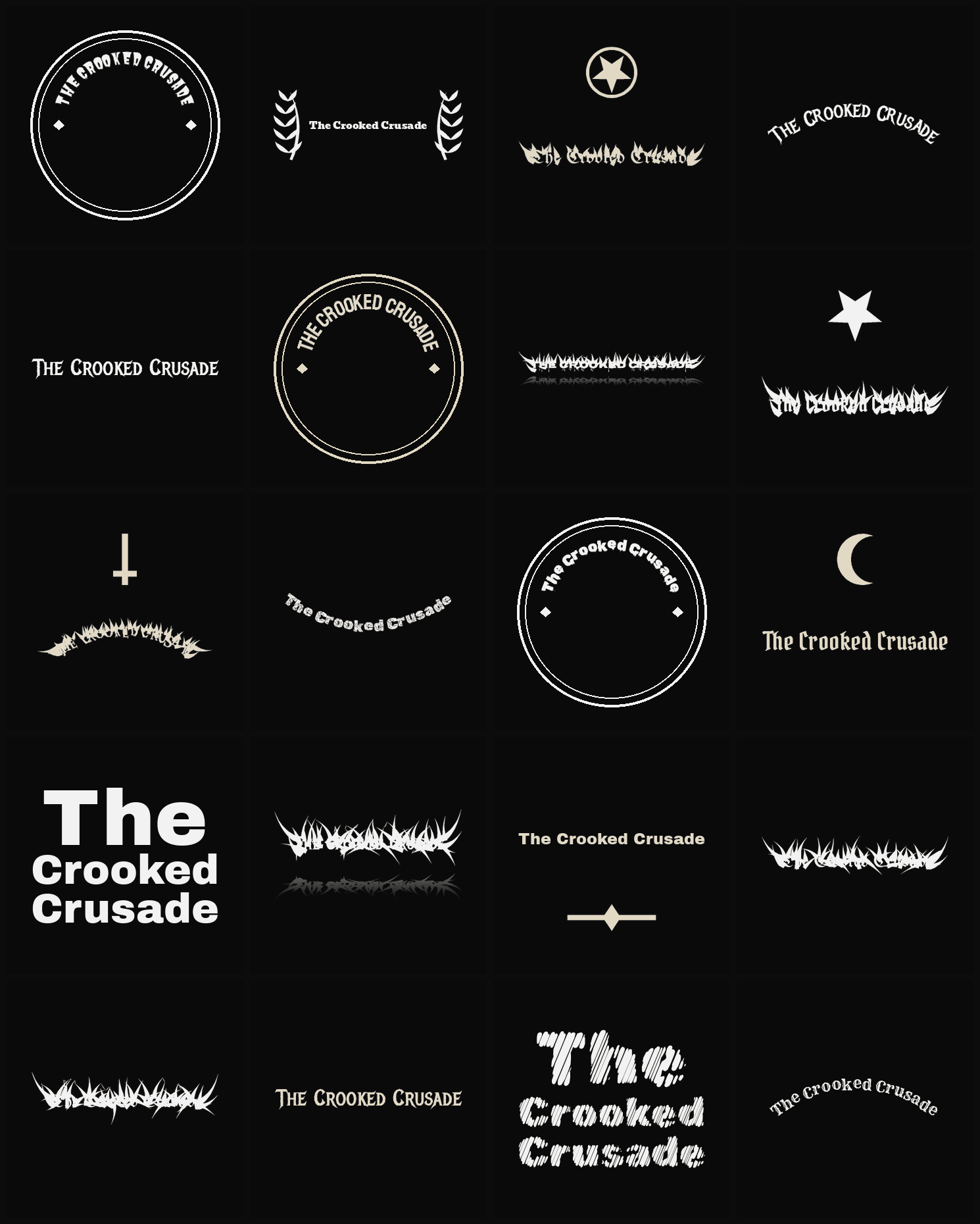 Twenty The Crooked Crusade band logo ideas — different faces, treatments and spike settings