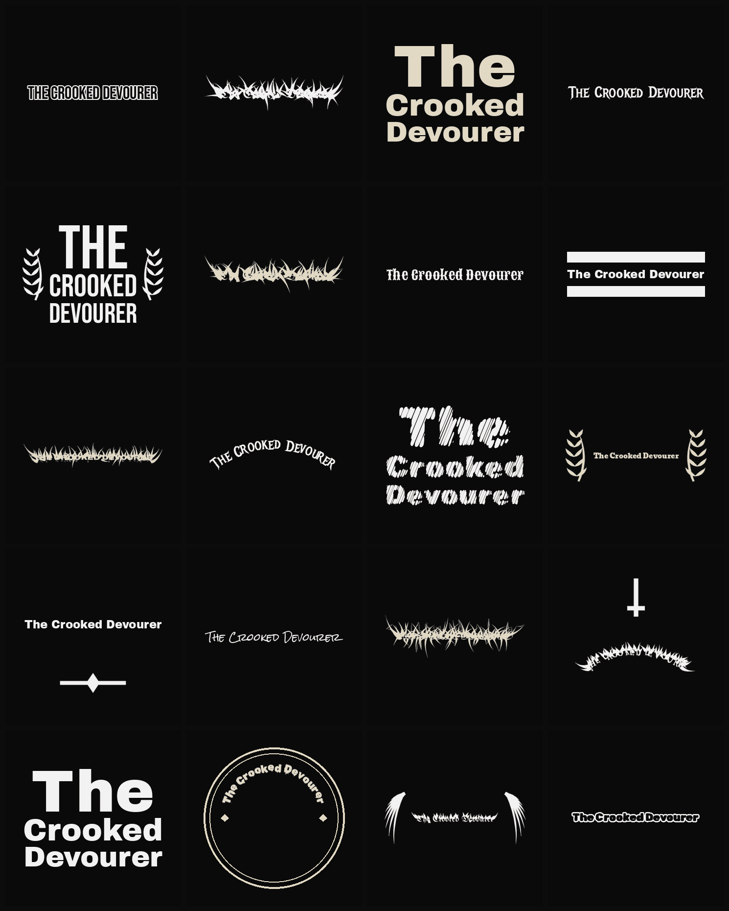 Twenty The Crooked Devourer band logo ideas — different faces, treatments and spike settings