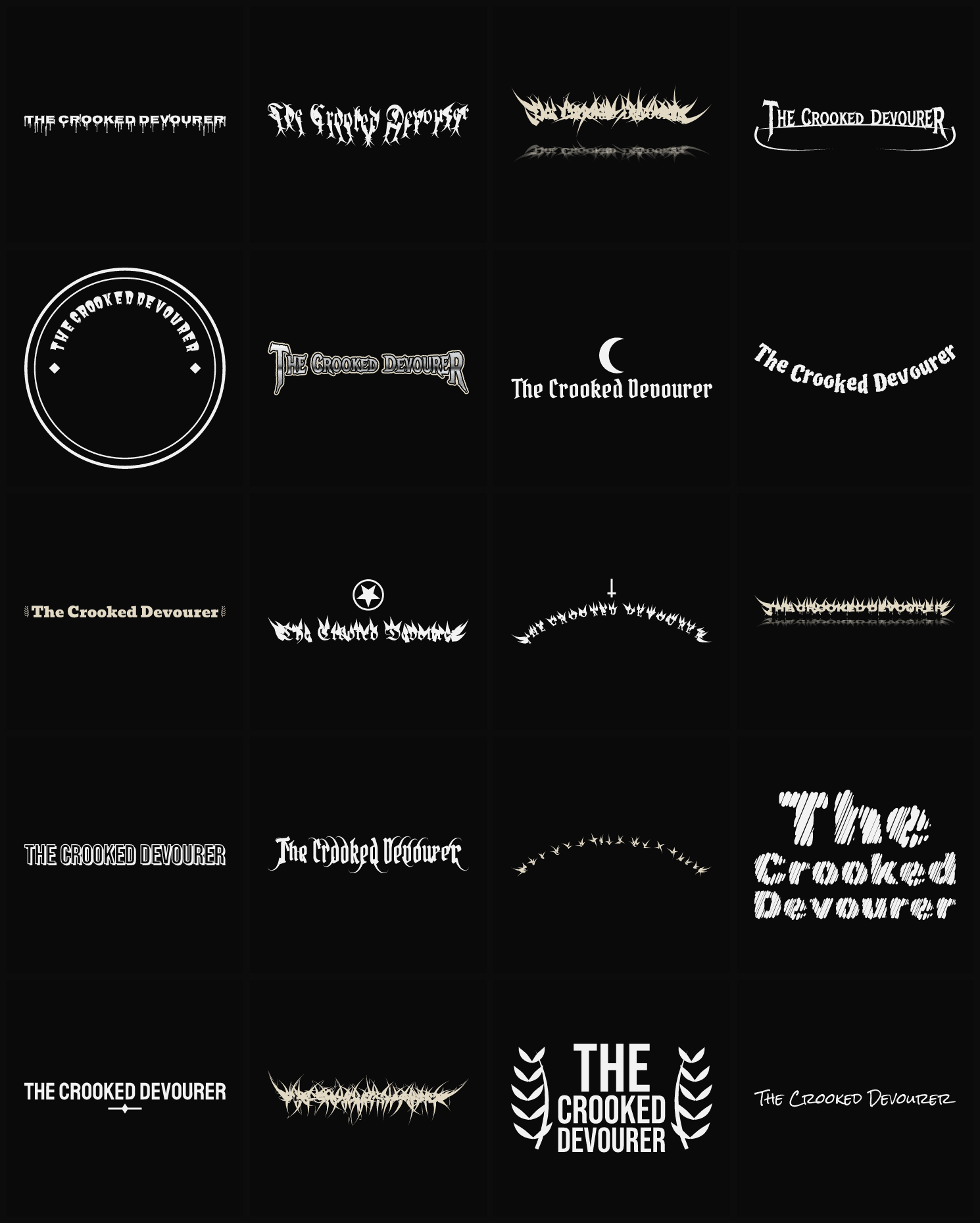 Twenty The Crooked Devourer band logo ideas — different faces, treatments and spike settings