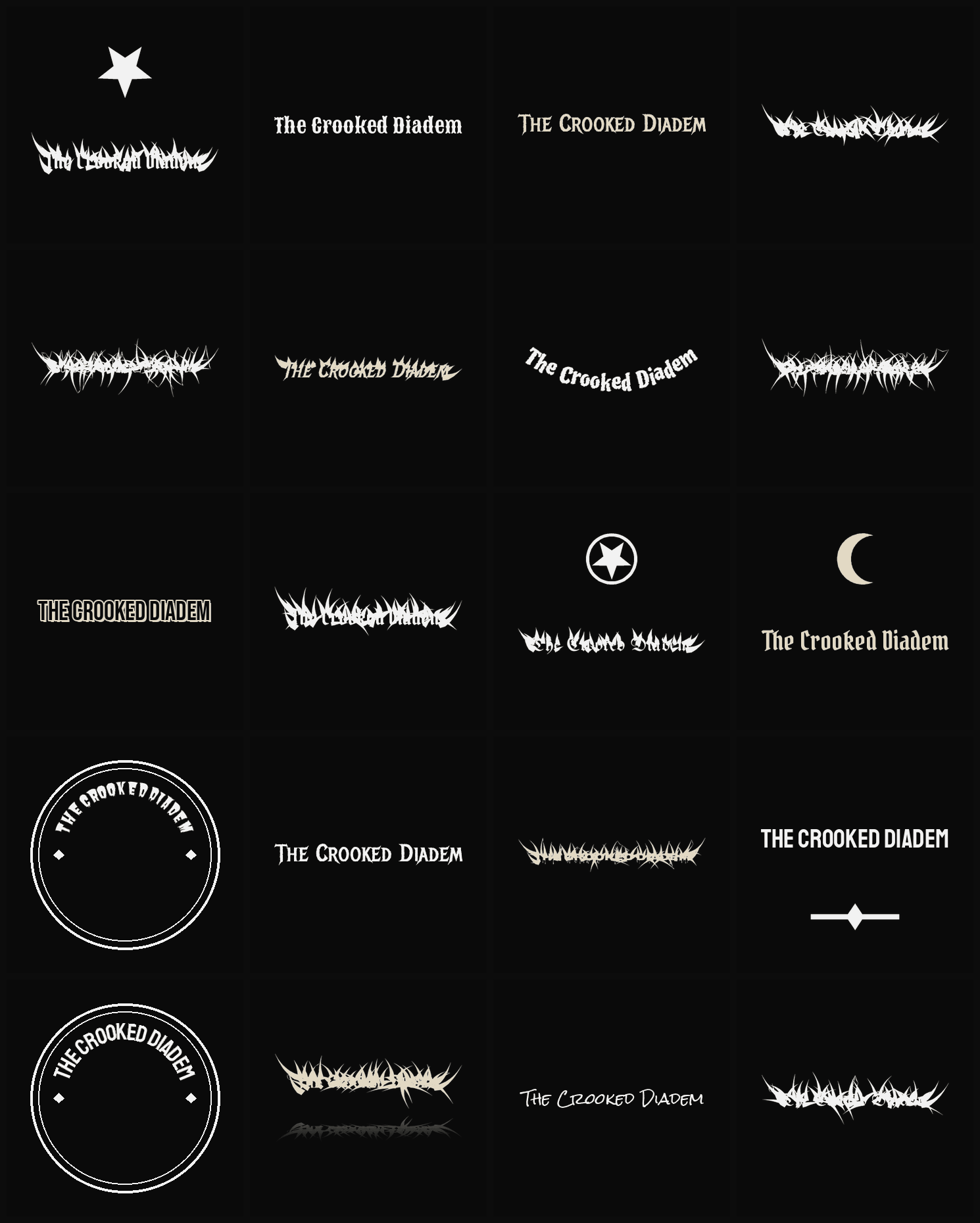 Twenty The Crooked Diadem band logo ideas — different faces, treatments and spike settings