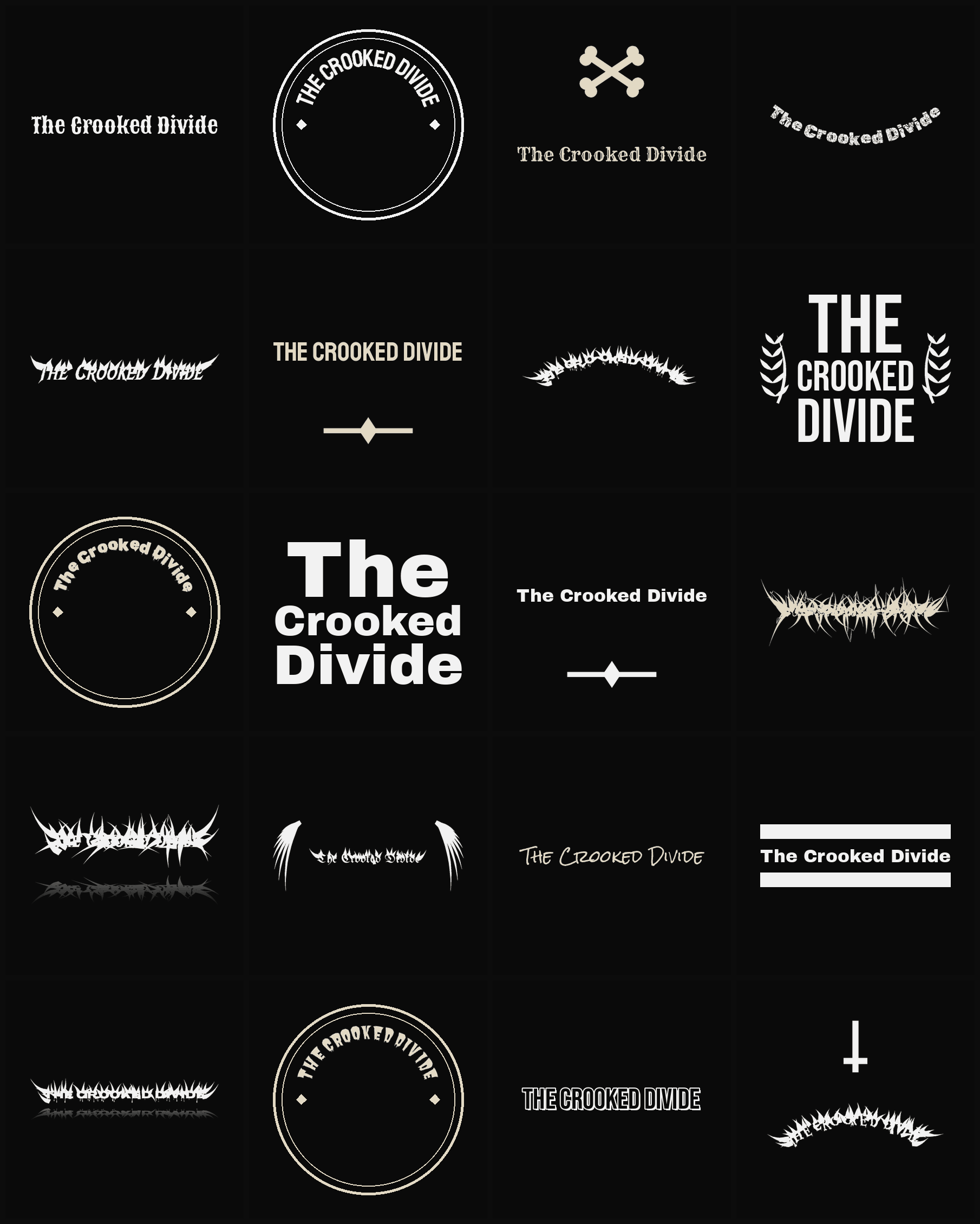 Twenty The Crooked Divide band logo ideas — different faces, treatments and spike settings