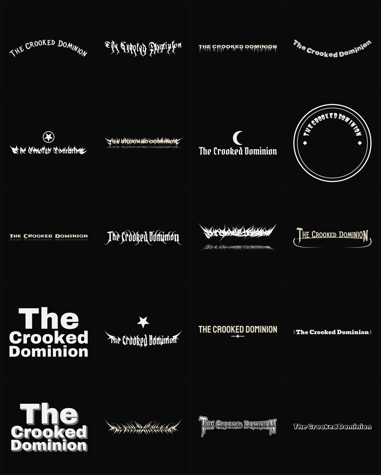 Twenty The Crooked Dominion band logo ideas — different faces, treatments and spike settings
