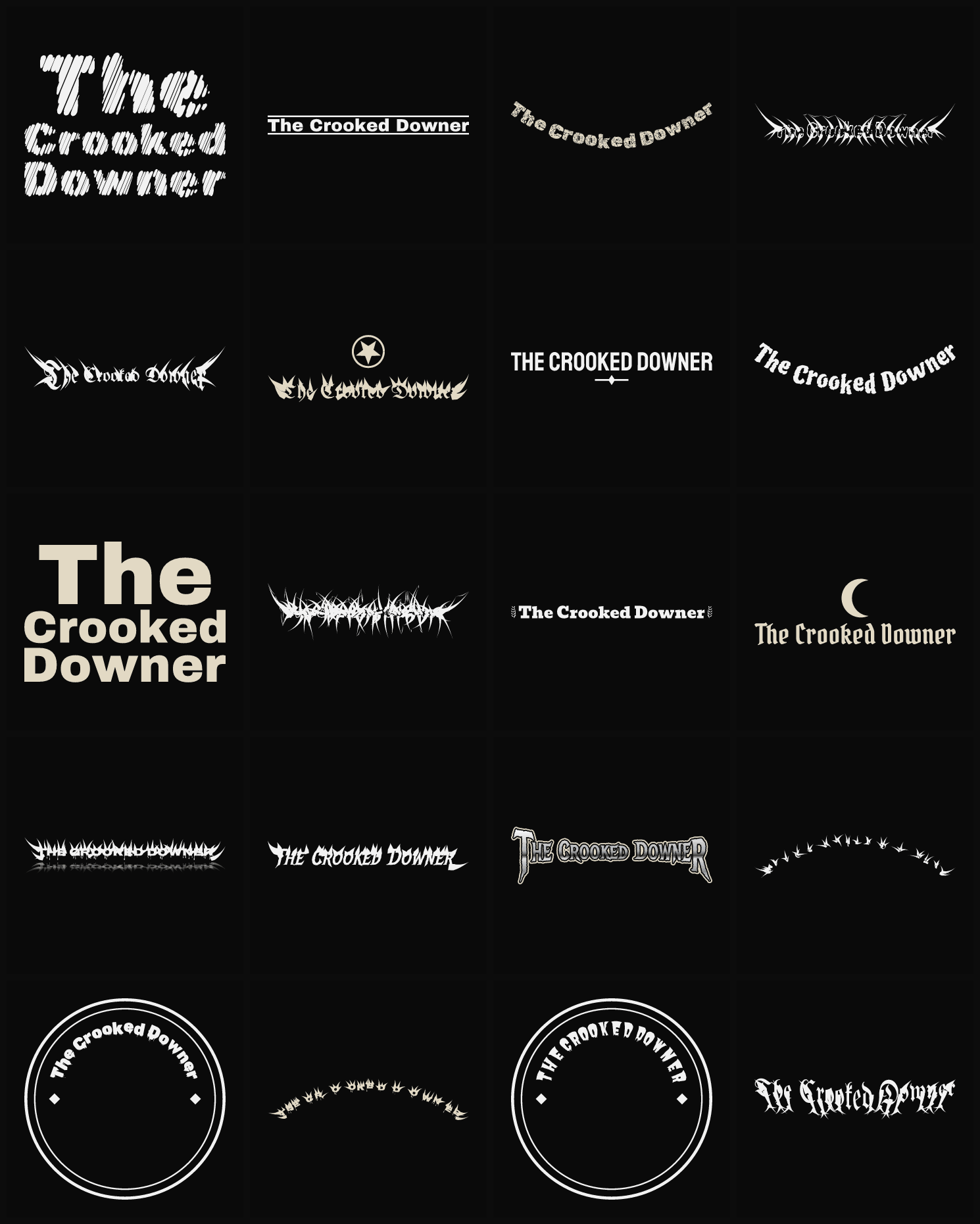 Twenty The Crooked Downer band logo ideas — different faces, treatments and spike settings