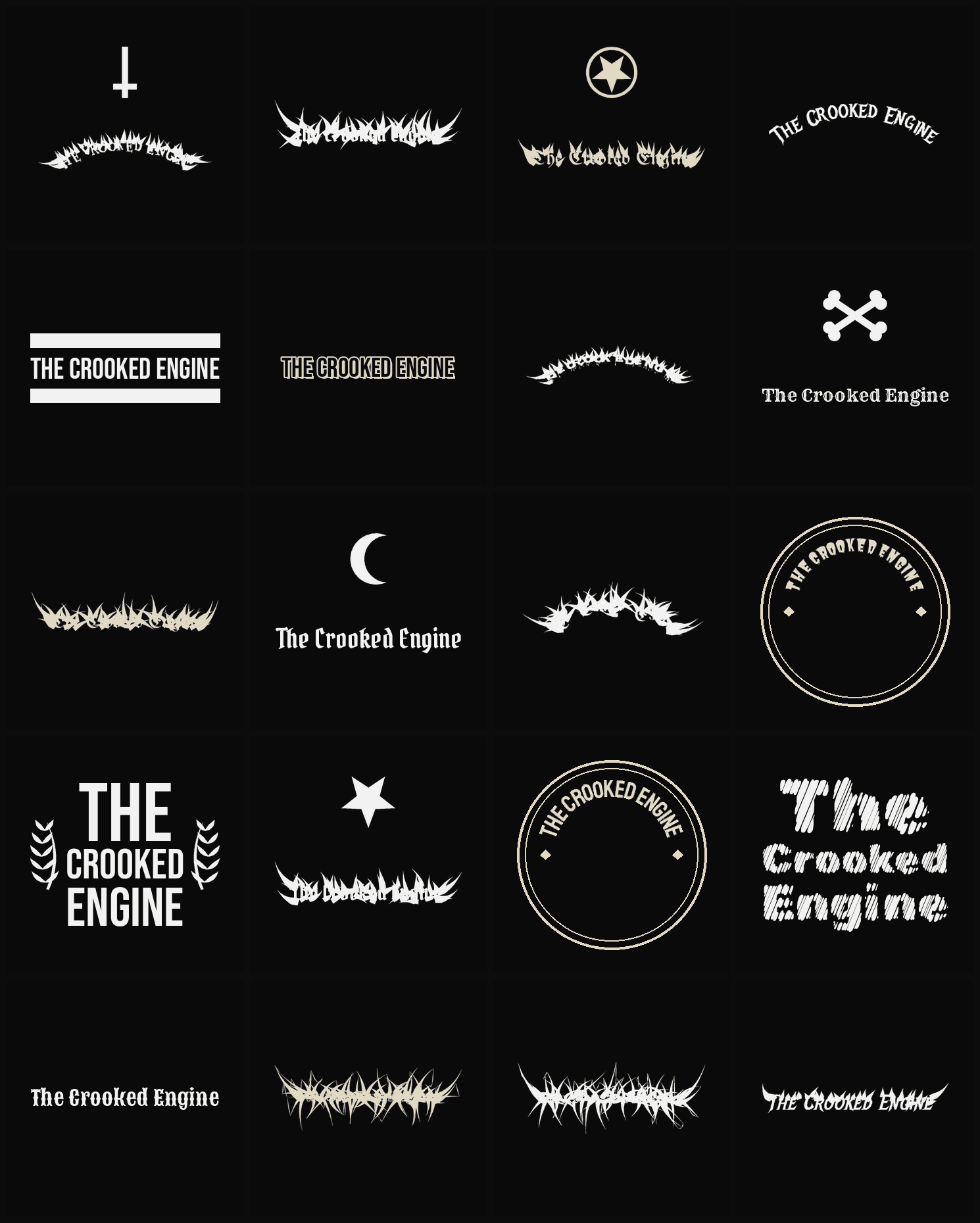 Twenty The Crooked Engine band logo ideas — different faces, treatments and spike settings