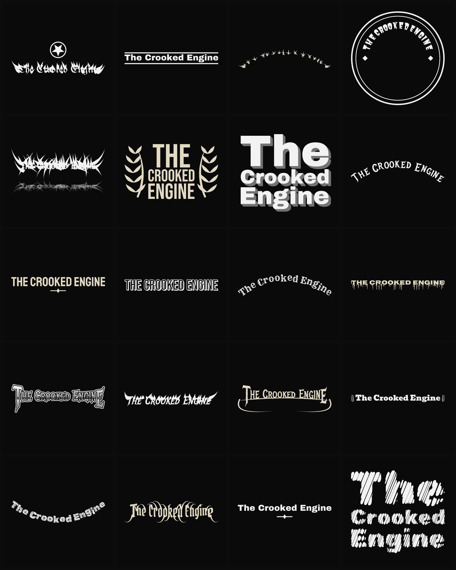 Twenty The Crooked Engine band logo ideas — different faces, treatments and spike settings