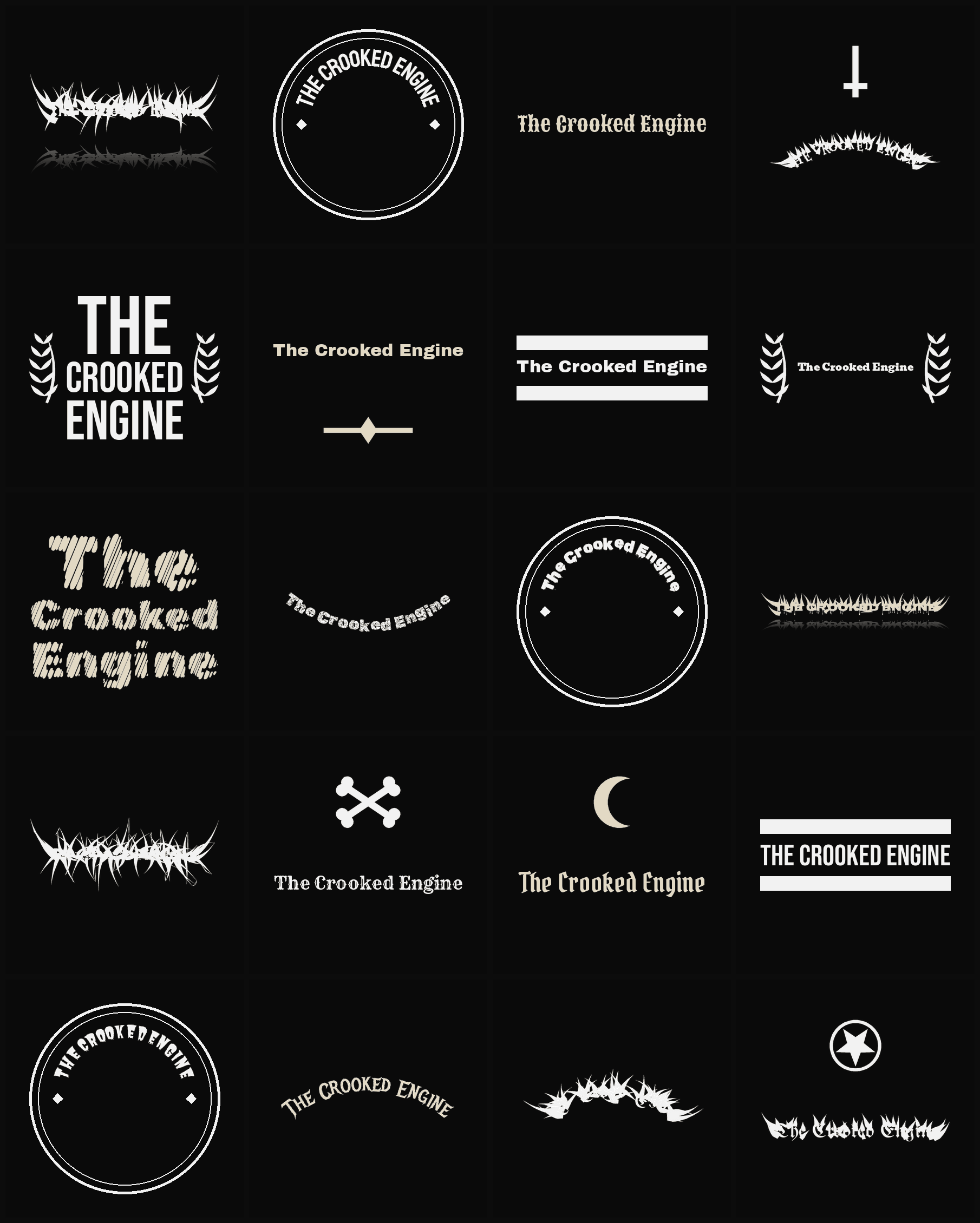 Twenty The Crooked Engine band logo ideas — different faces, treatments and spike settings