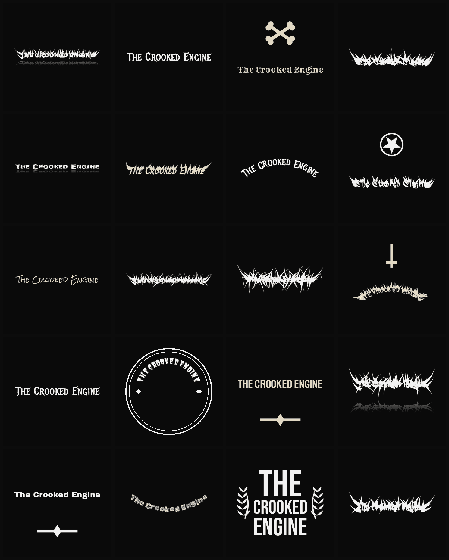 Twenty The Crooked Engine band logo ideas — different faces, treatments and spike settings