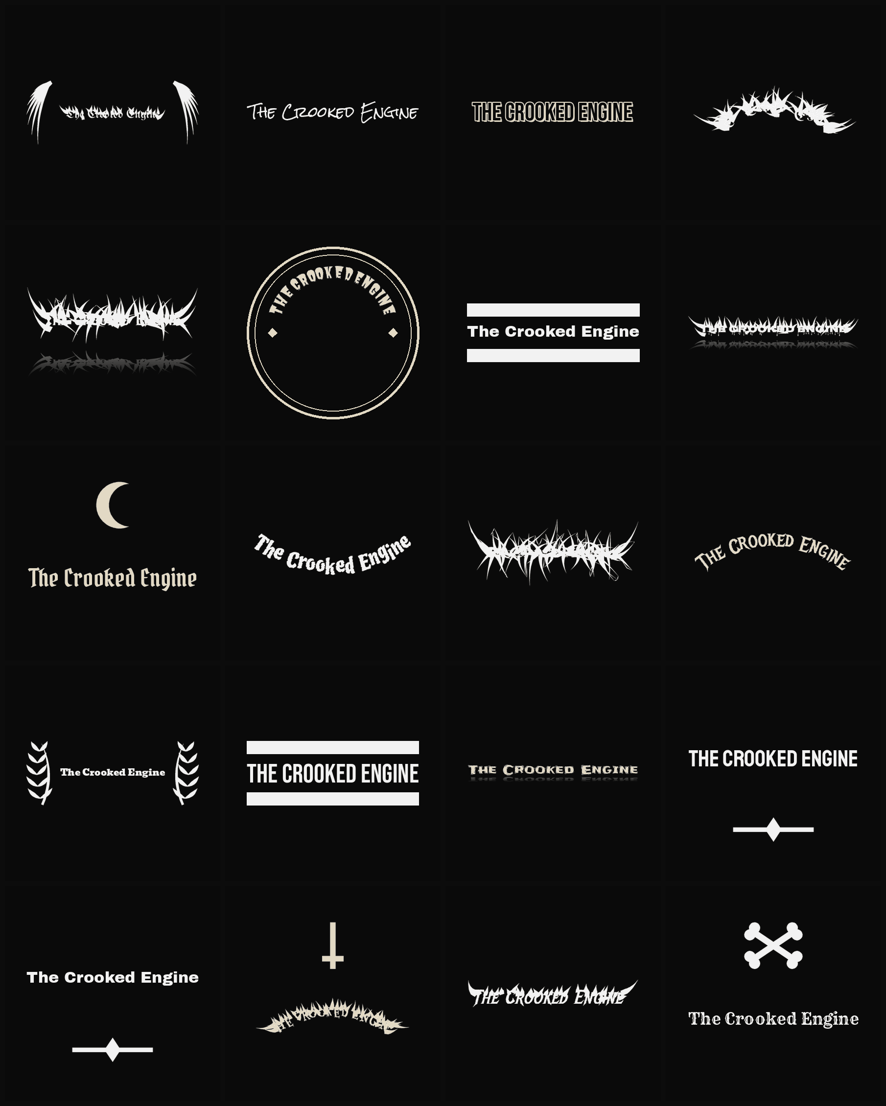 Twenty The Crooked Engine band logo ideas — different faces, treatments and spike settings