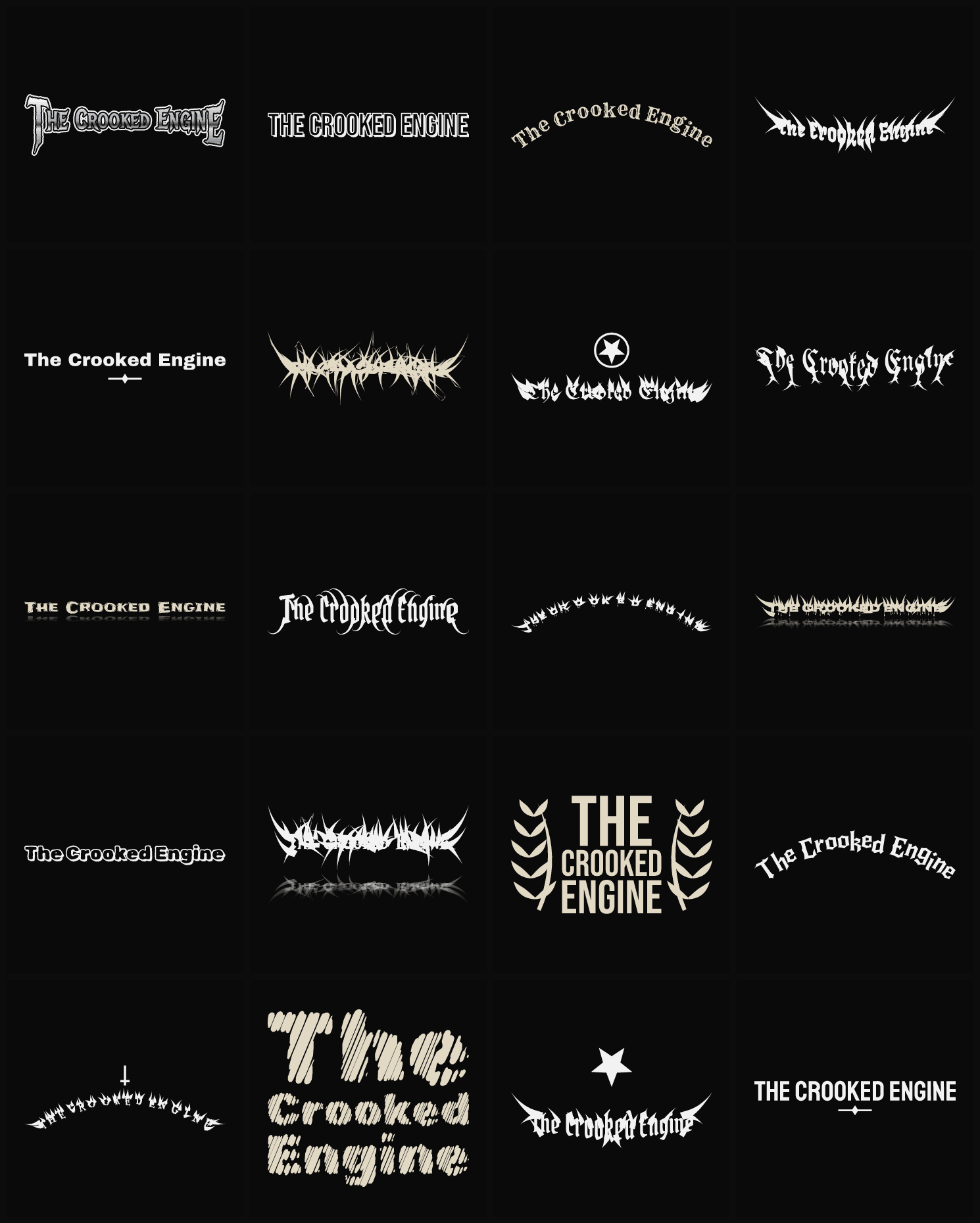 Twenty The Crooked Engine band logo ideas — different faces, treatments and spike settings