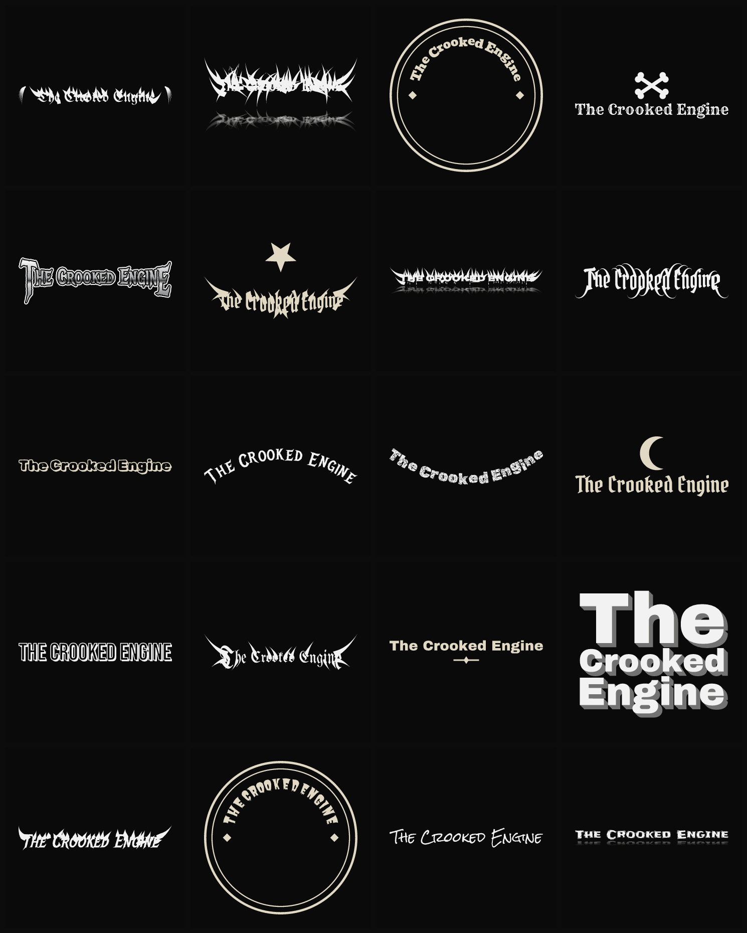 Twenty The Crooked Engine band logo ideas — different faces, treatments and spike settings