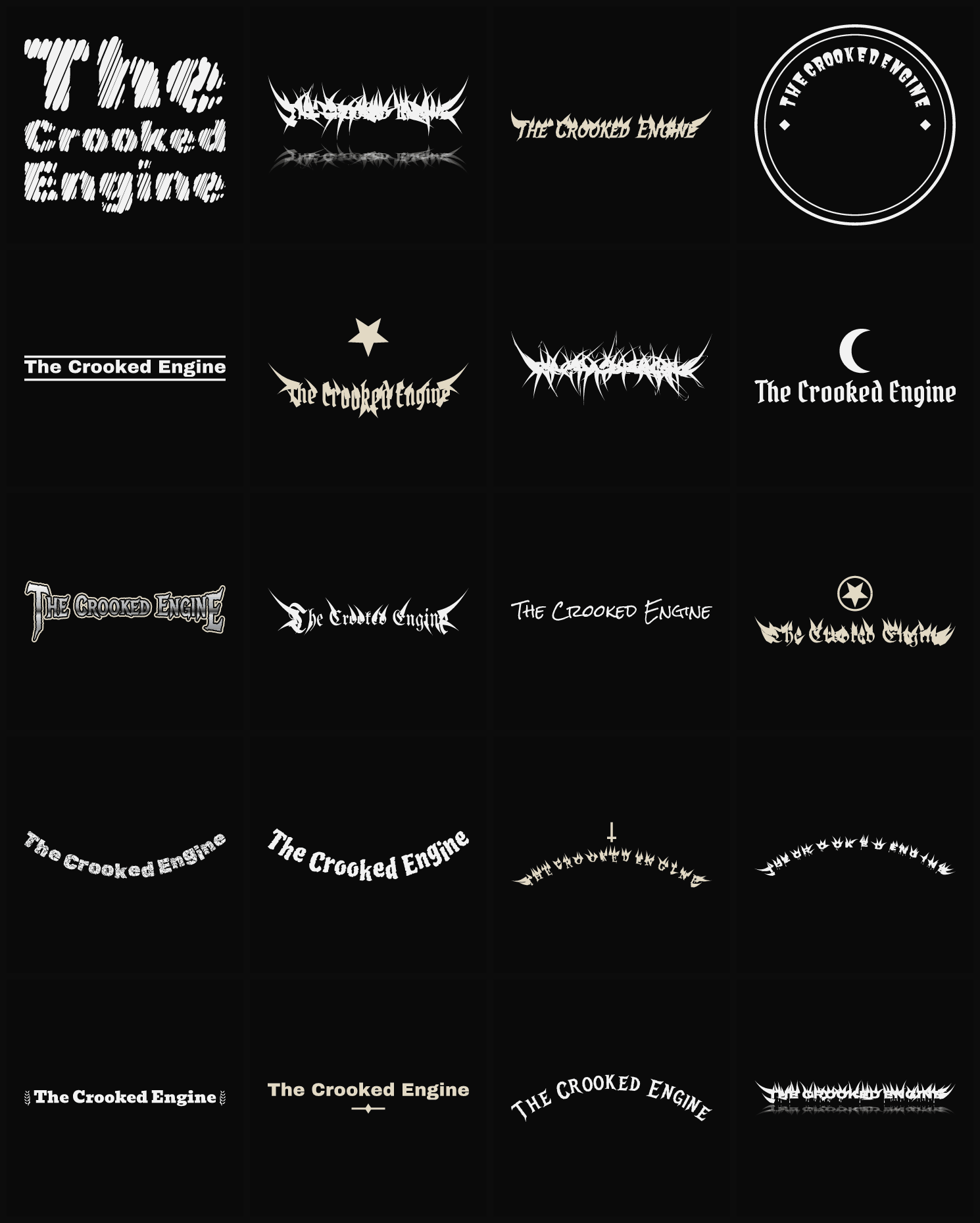 Twenty The Crooked Engine band logo ideas — different faces, treatments and spike settings