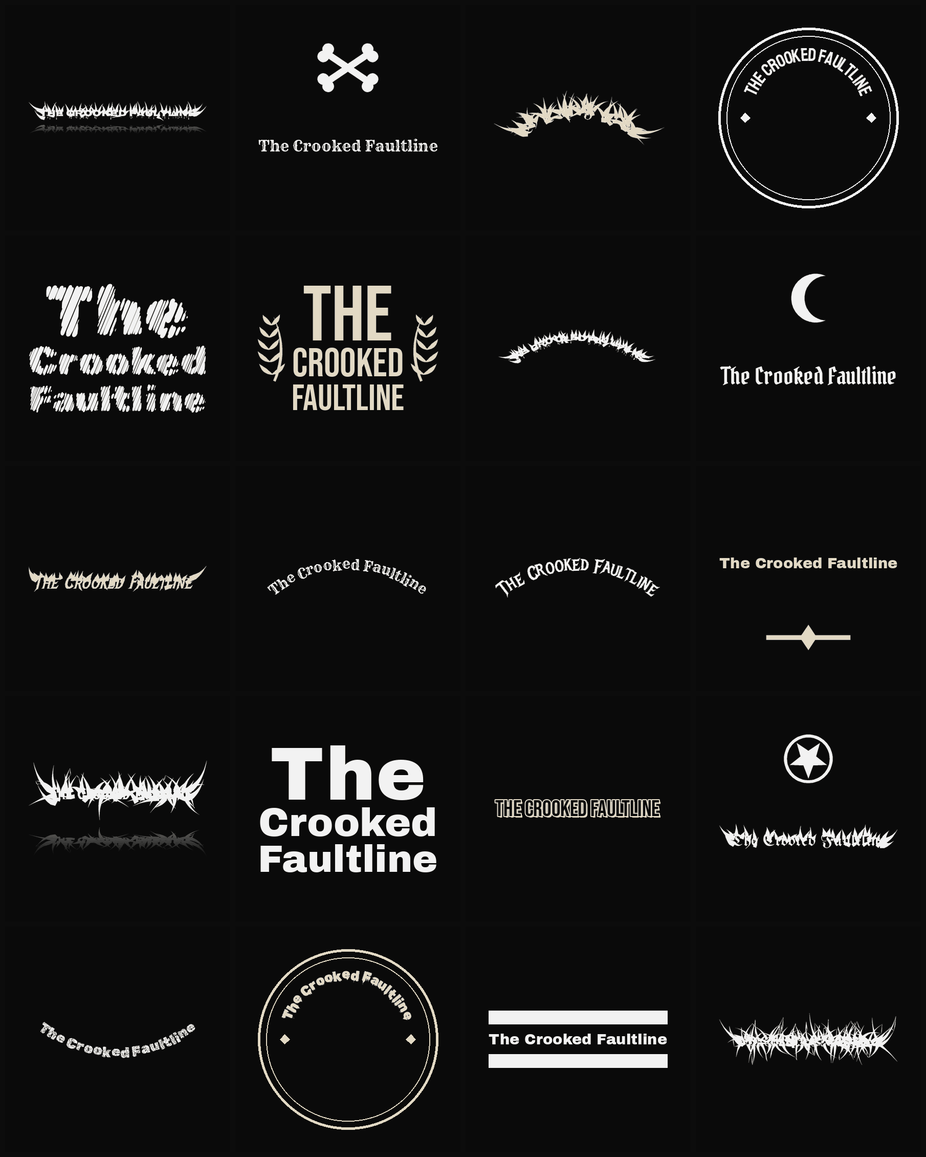 Twenty The Crooked Faultline band logo ideas — different faces, treatments and spike settings