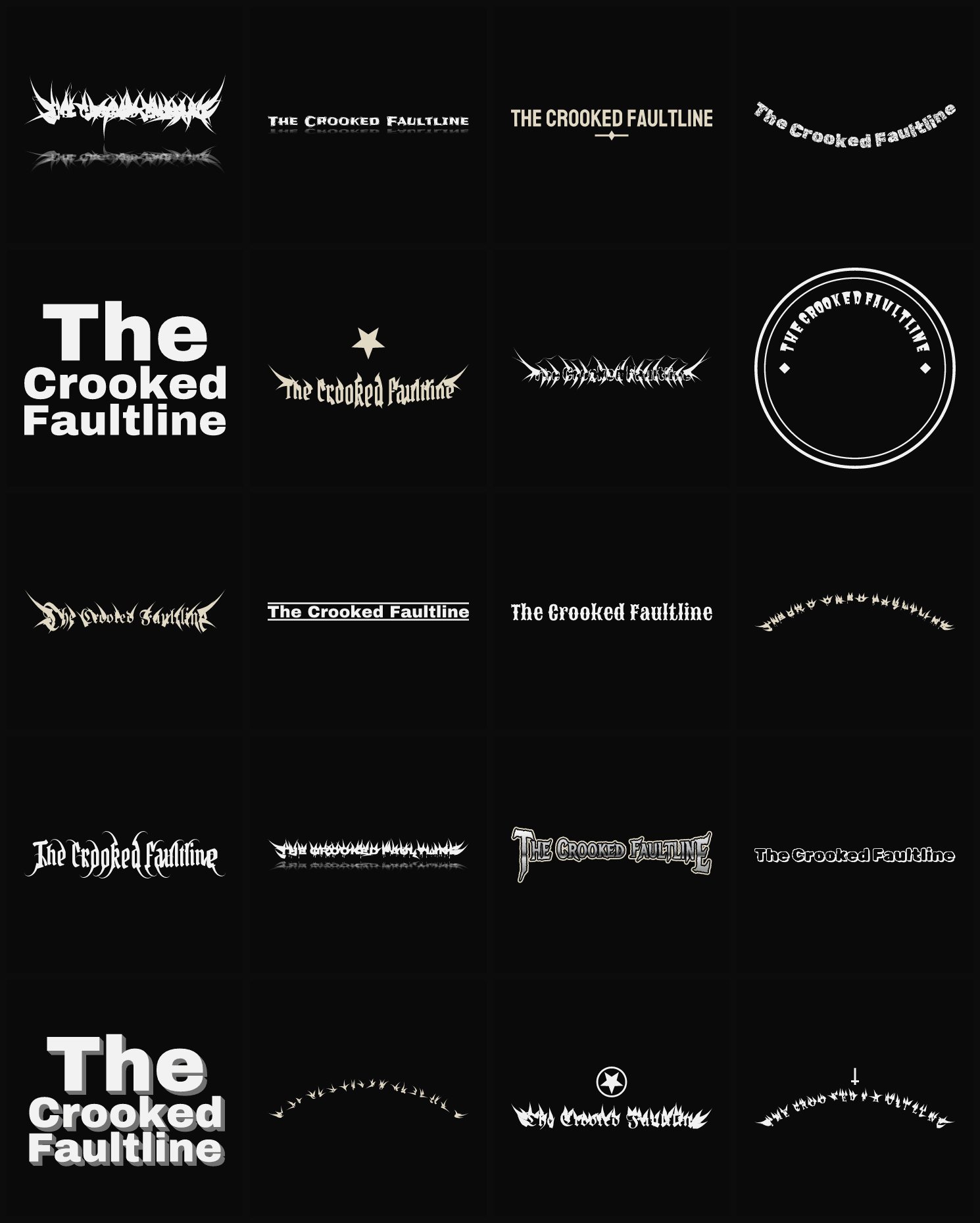 Twenty The Crooked Faultline band logo ideas — different faces, treatments and spike settings