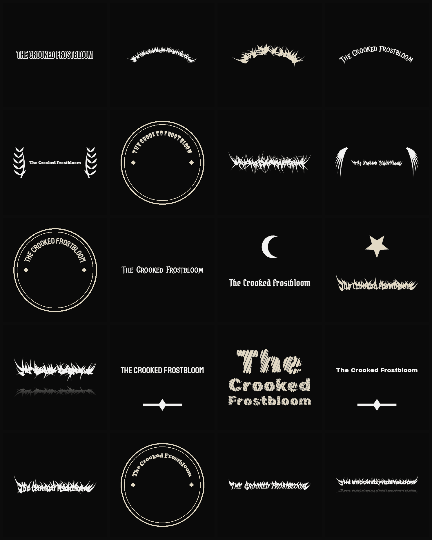Twenty The Crooked Frostbloom band logo ideas — different faces, treatments and spike settings