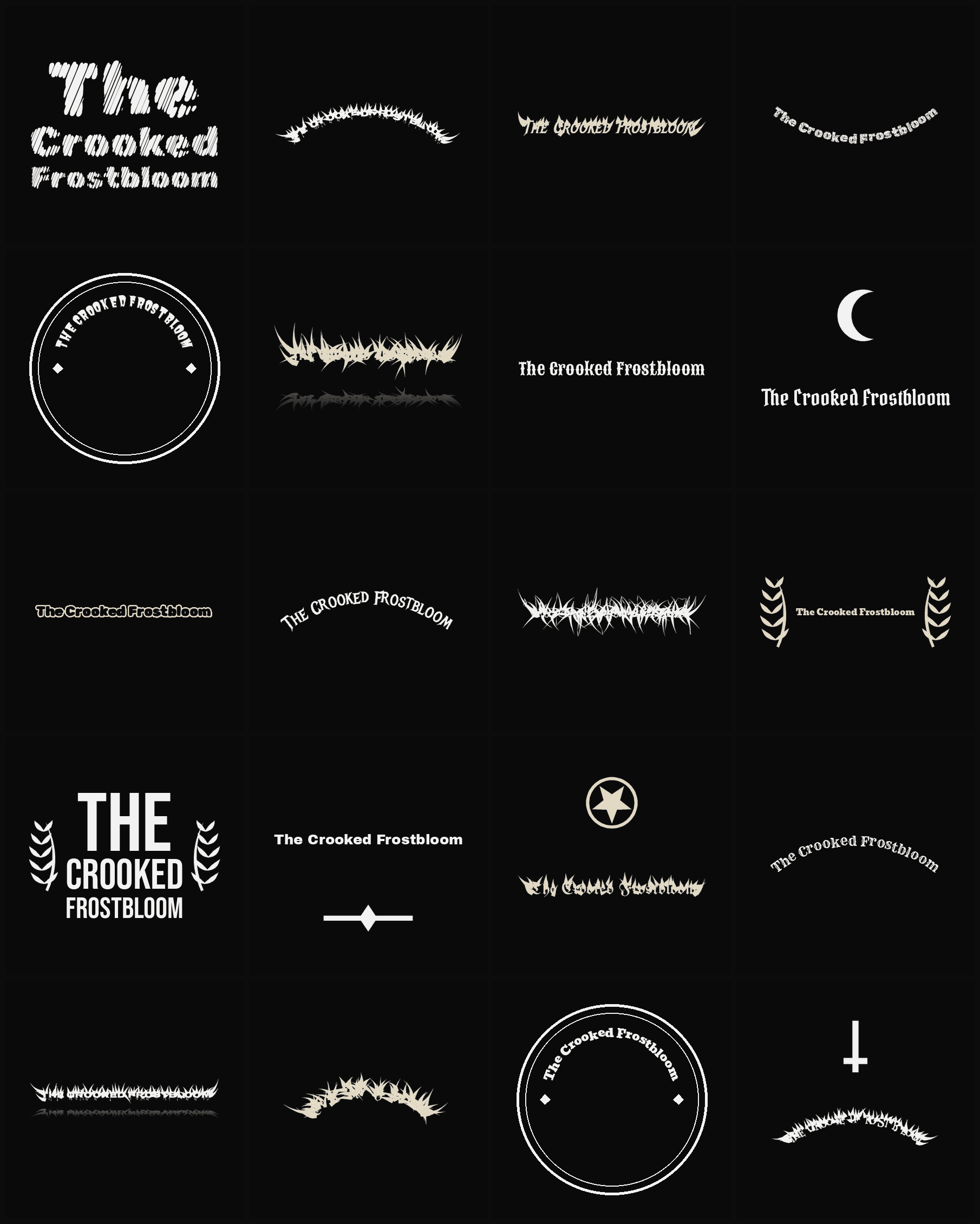 Twenty The Crooked Frostbloom band logo ideas — different faces, treatments and spike settings