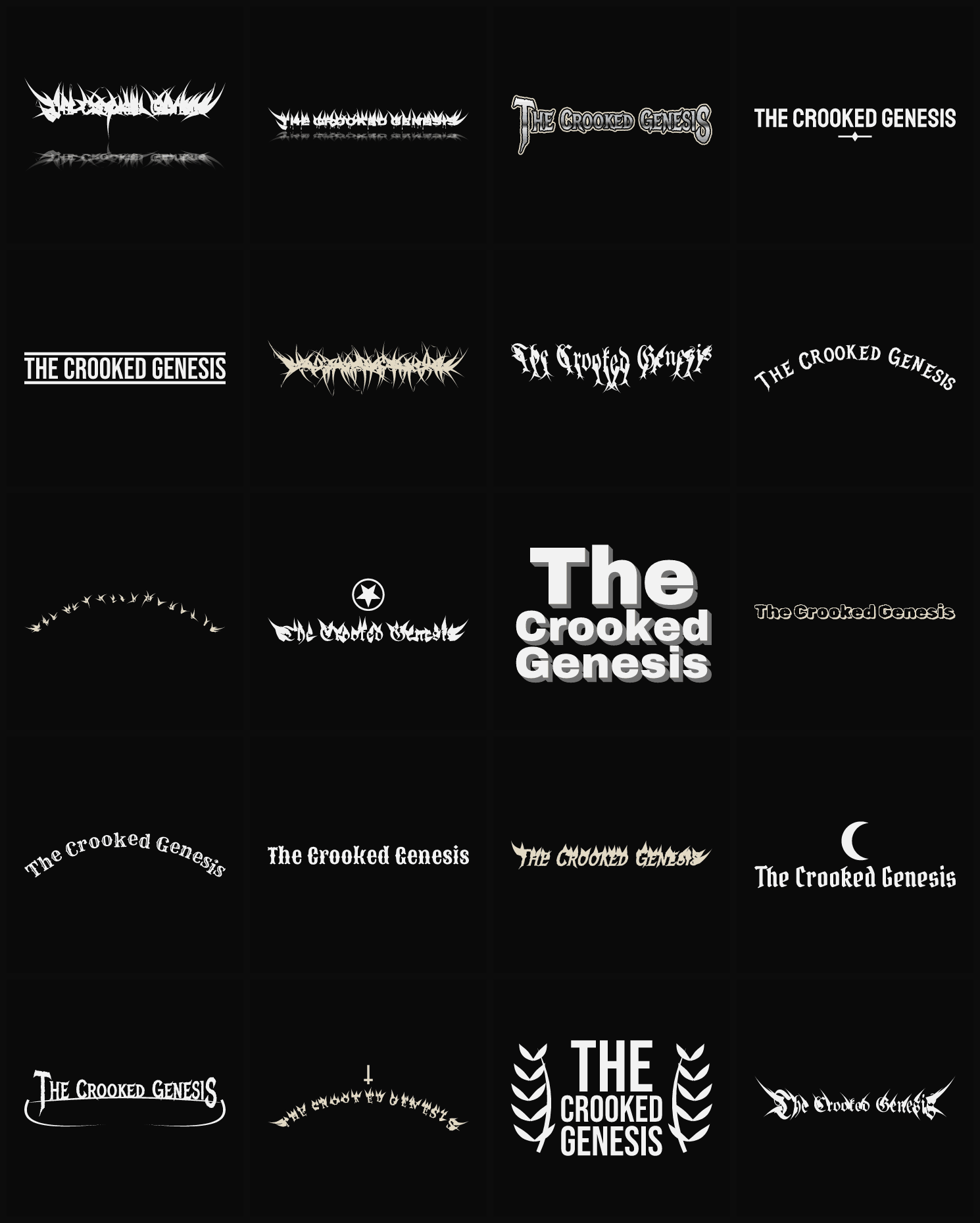 Twenty The Crooked Genesis band logo ideas — different faces, treatments and spike settings