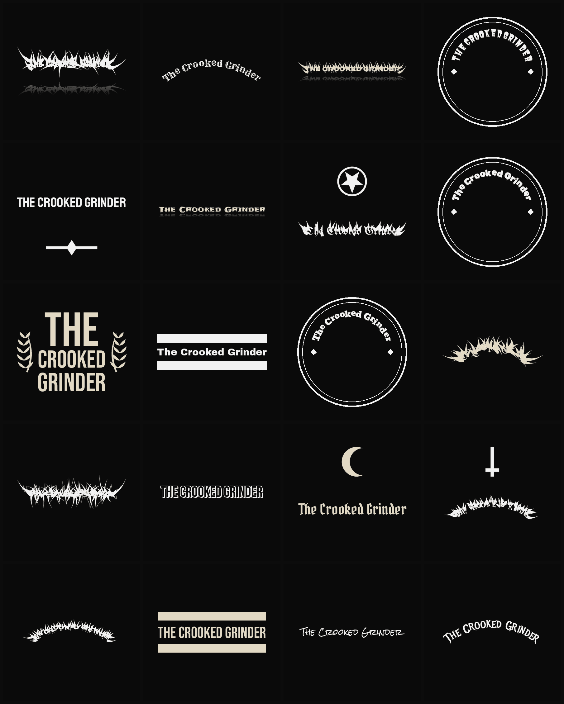 Twenty The Crooked Grinder band logo ideas — different faces, treatments and spike settings