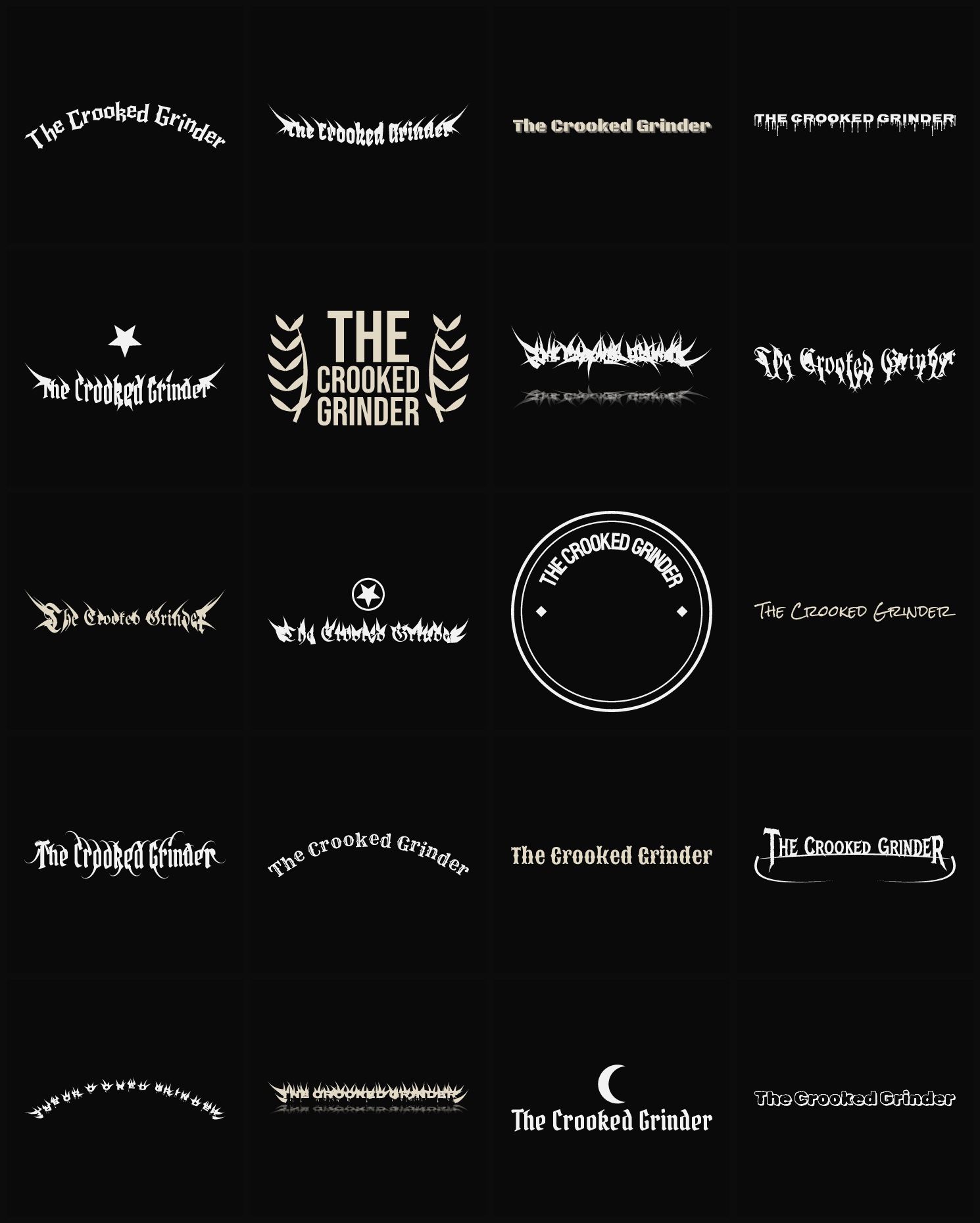 Twenty The Crooked Grinder band logo ideas — different faces, treatments and spike settings