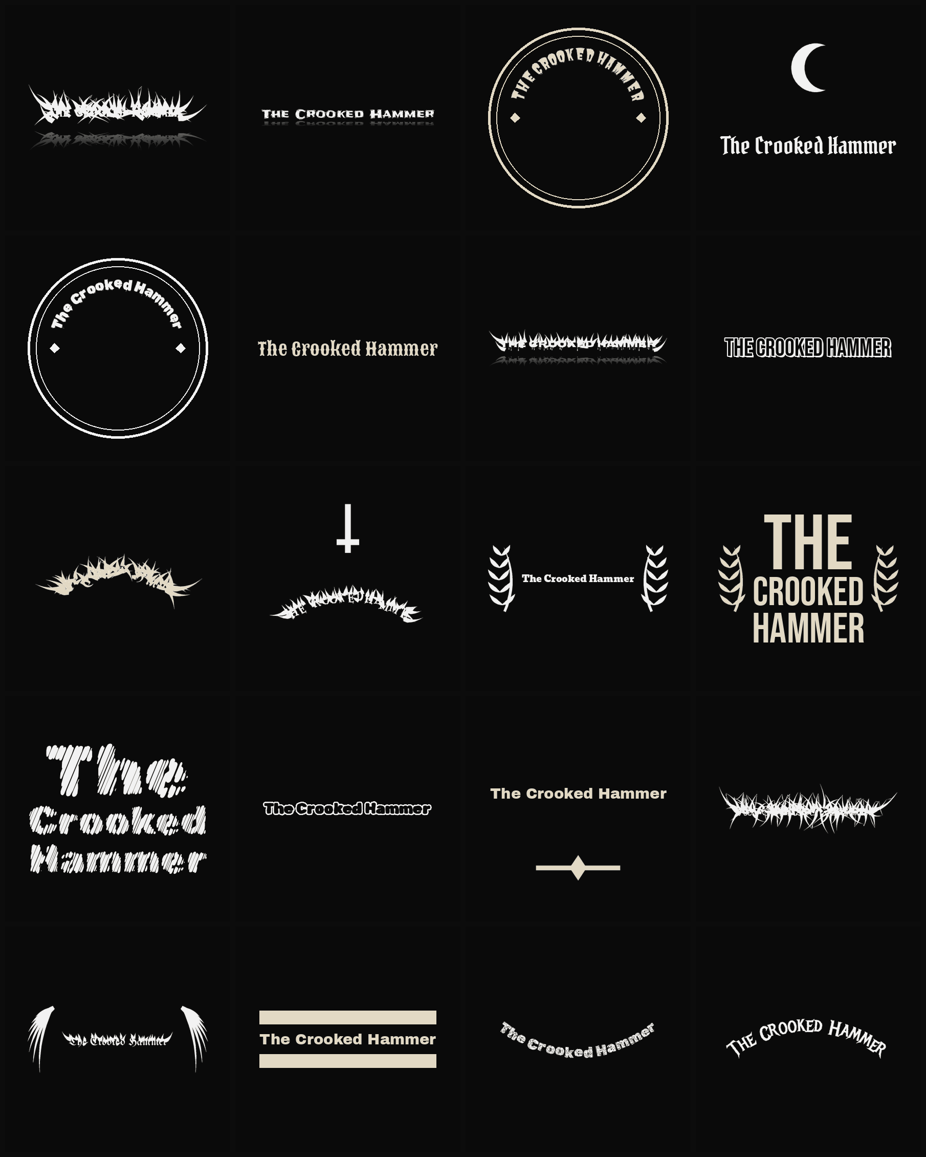 Twenty The Crooked Hammer band logo ideas — different faces, treatments and spike settings