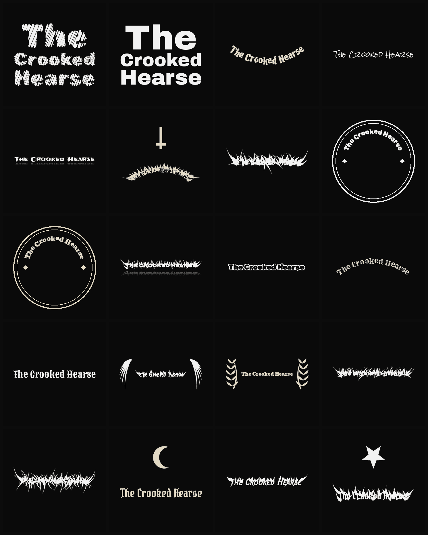 Twenty The Crooked Hearse band logo ideas — different faces, treatments and spike settings