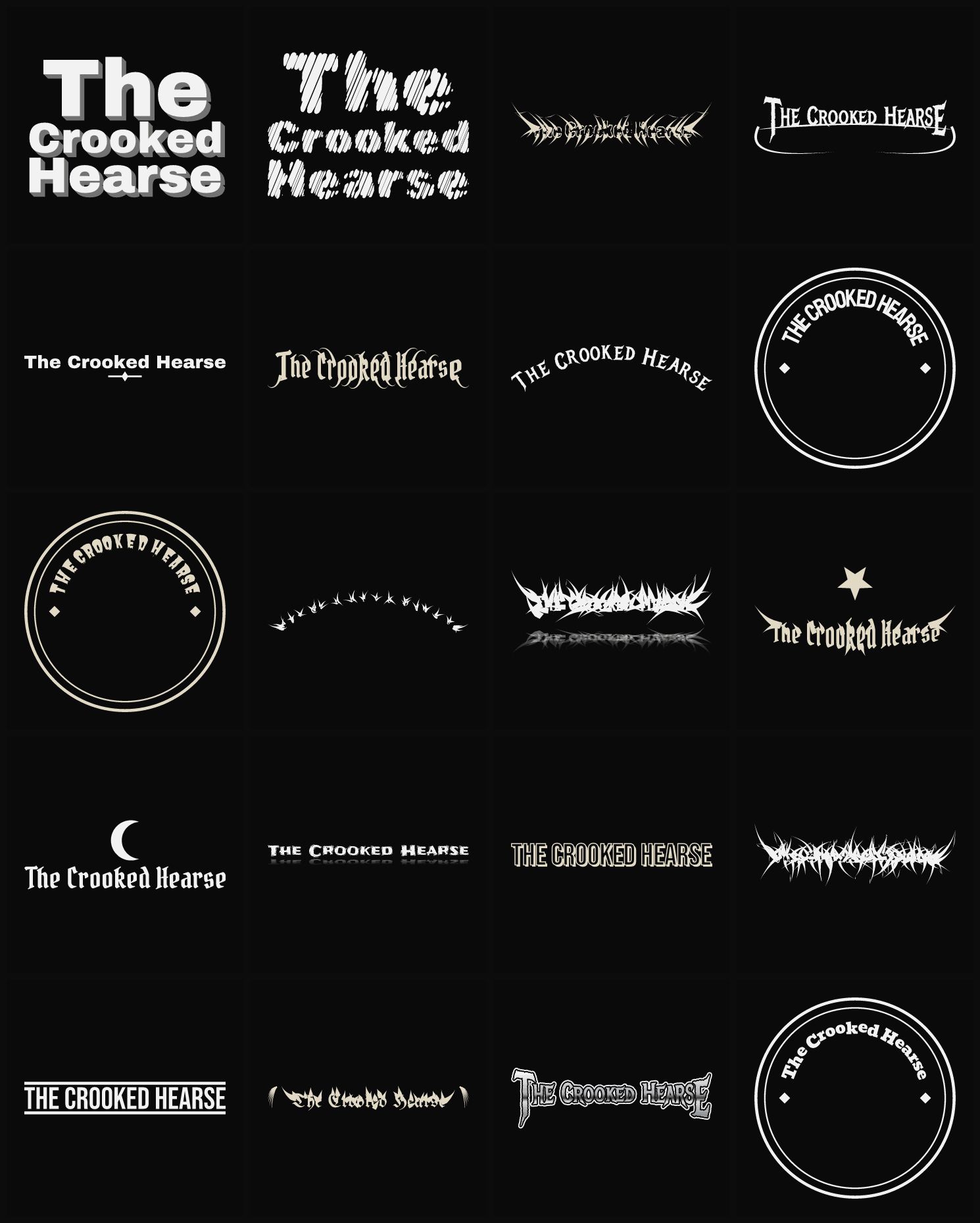 Twenty The Crooked Hearse band logo ideas — different faces, treatments and spike settings