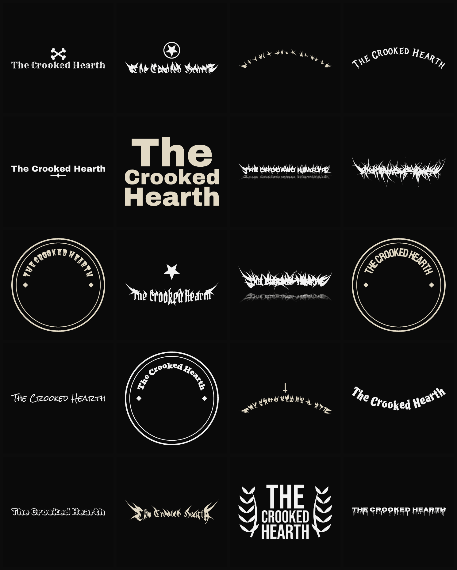 Twenty The Crooked Hearth band logo ideas — different faces, treatments and spike settings