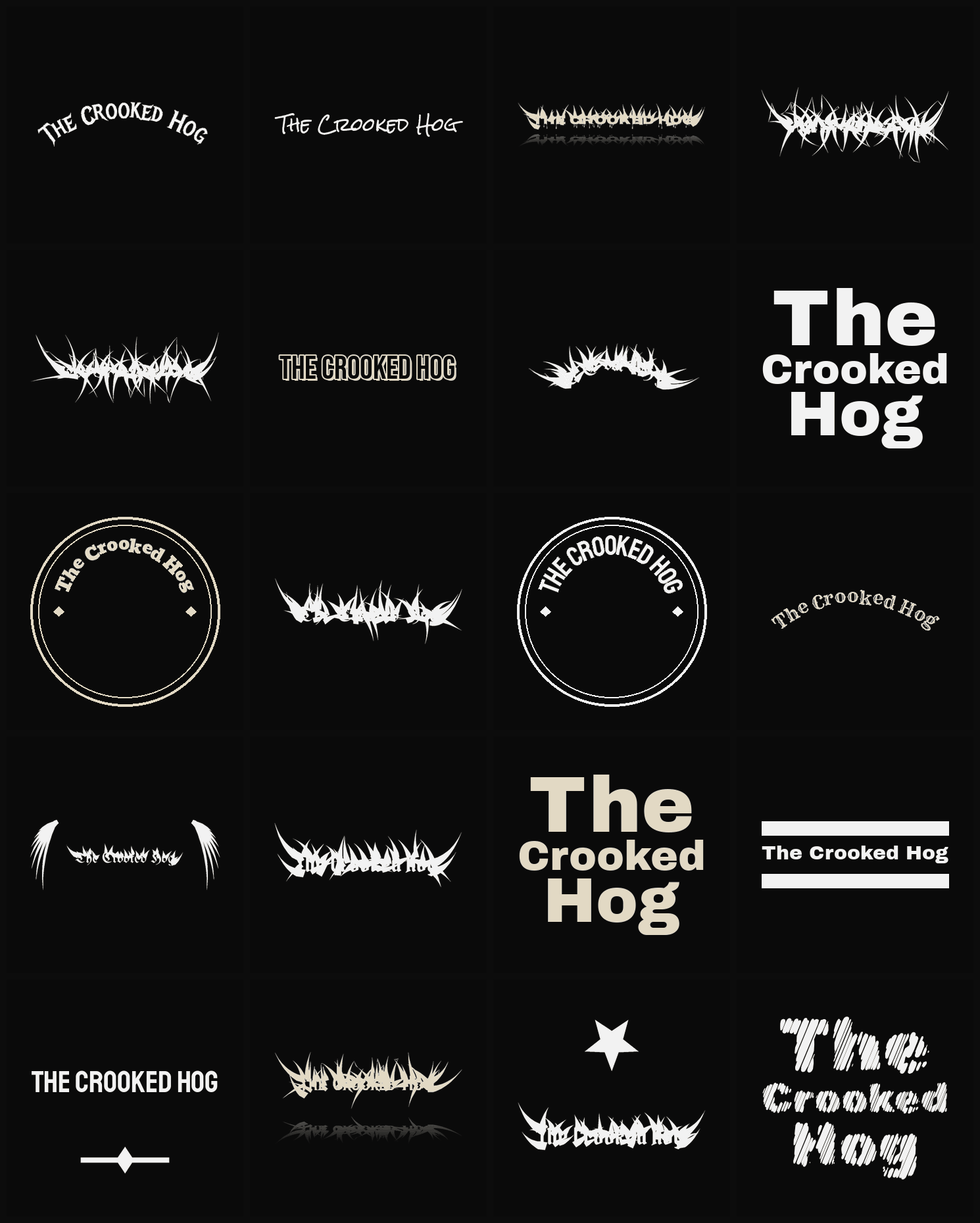 Twenty The Crooked Hog band logo ideas — different faces, treatments and spike settings