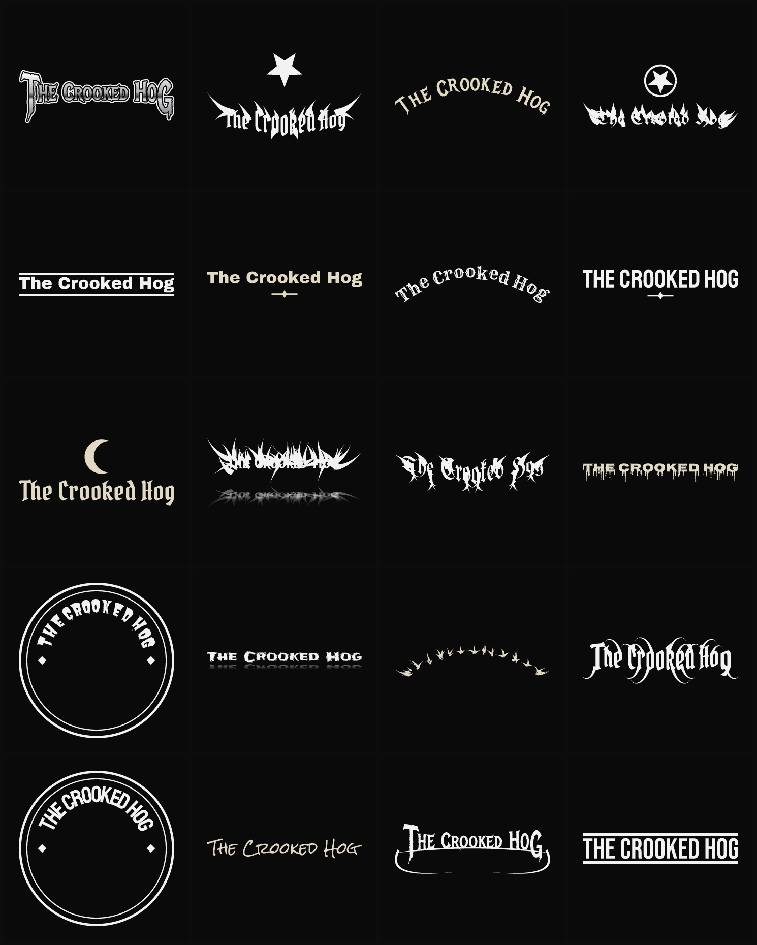 Twenty The Crooked Hog band logo ideas — different faces, treatments and spike settings