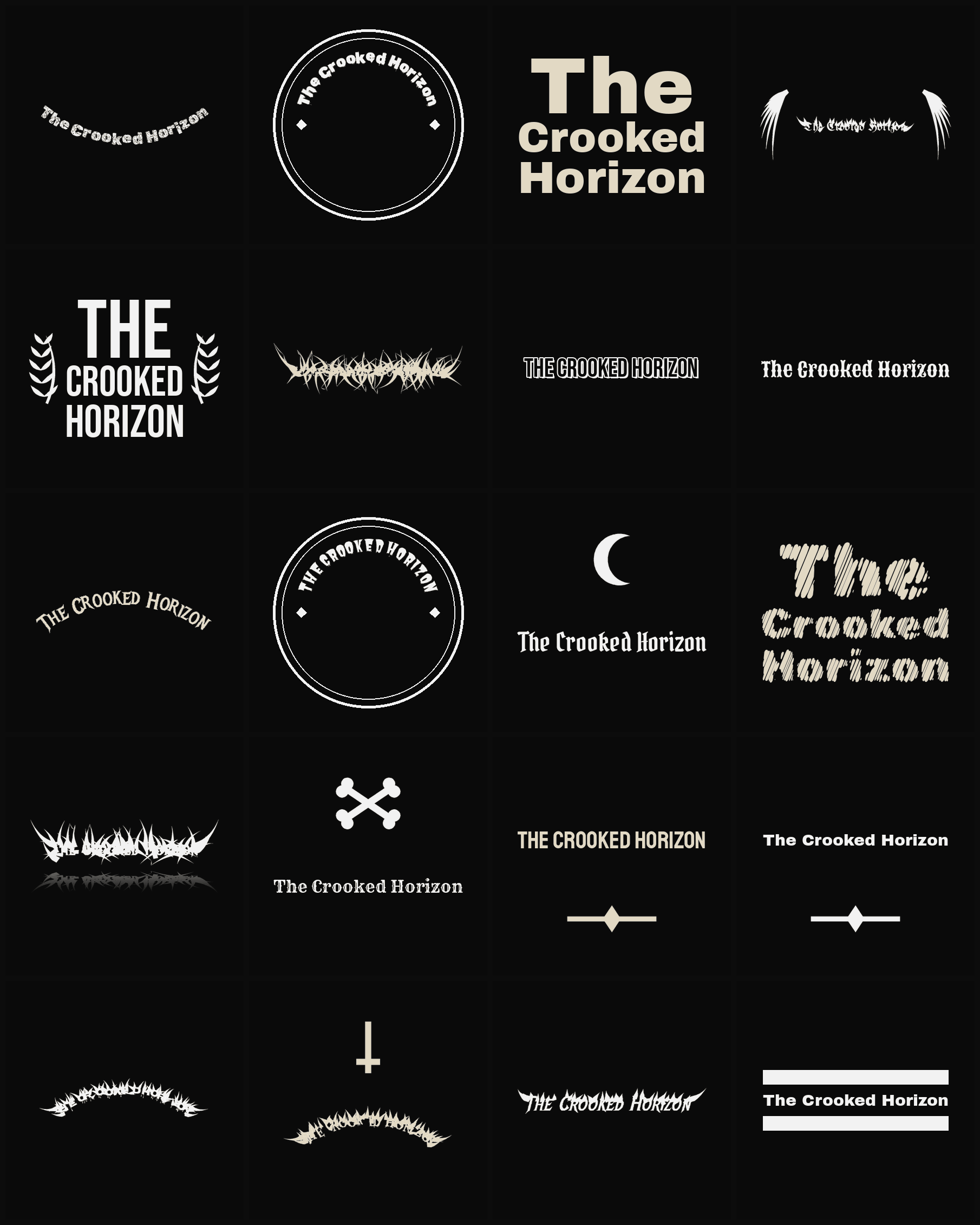 Twenty The Crooked Horizon band logo ideas — different faces, treatments and spike settings