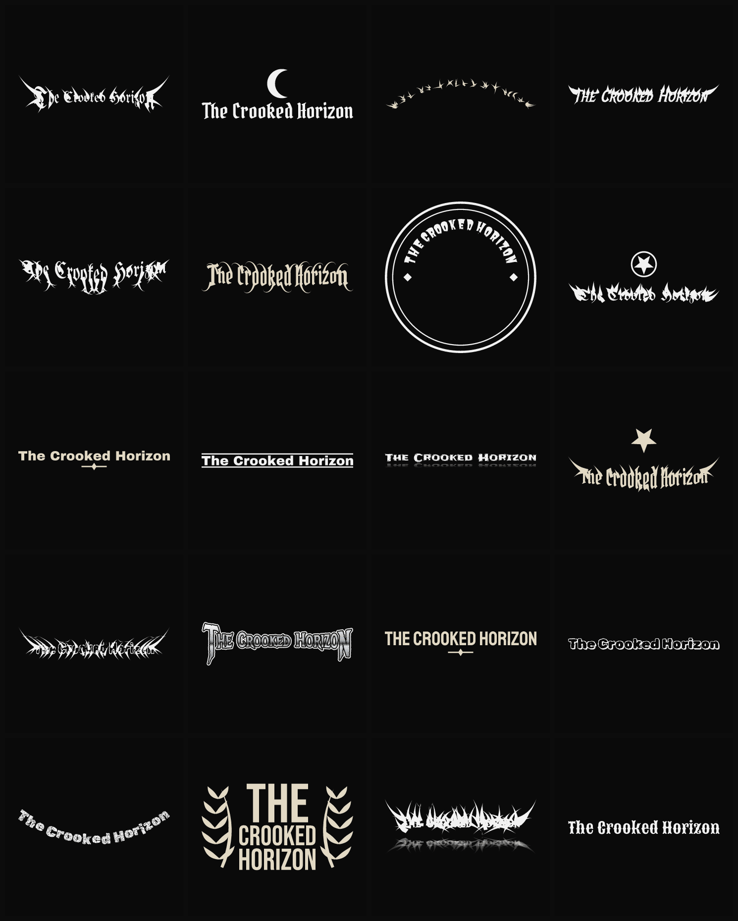 Twenty The Crooked Horizon band logo ideas — different faces, treatments and spike settings