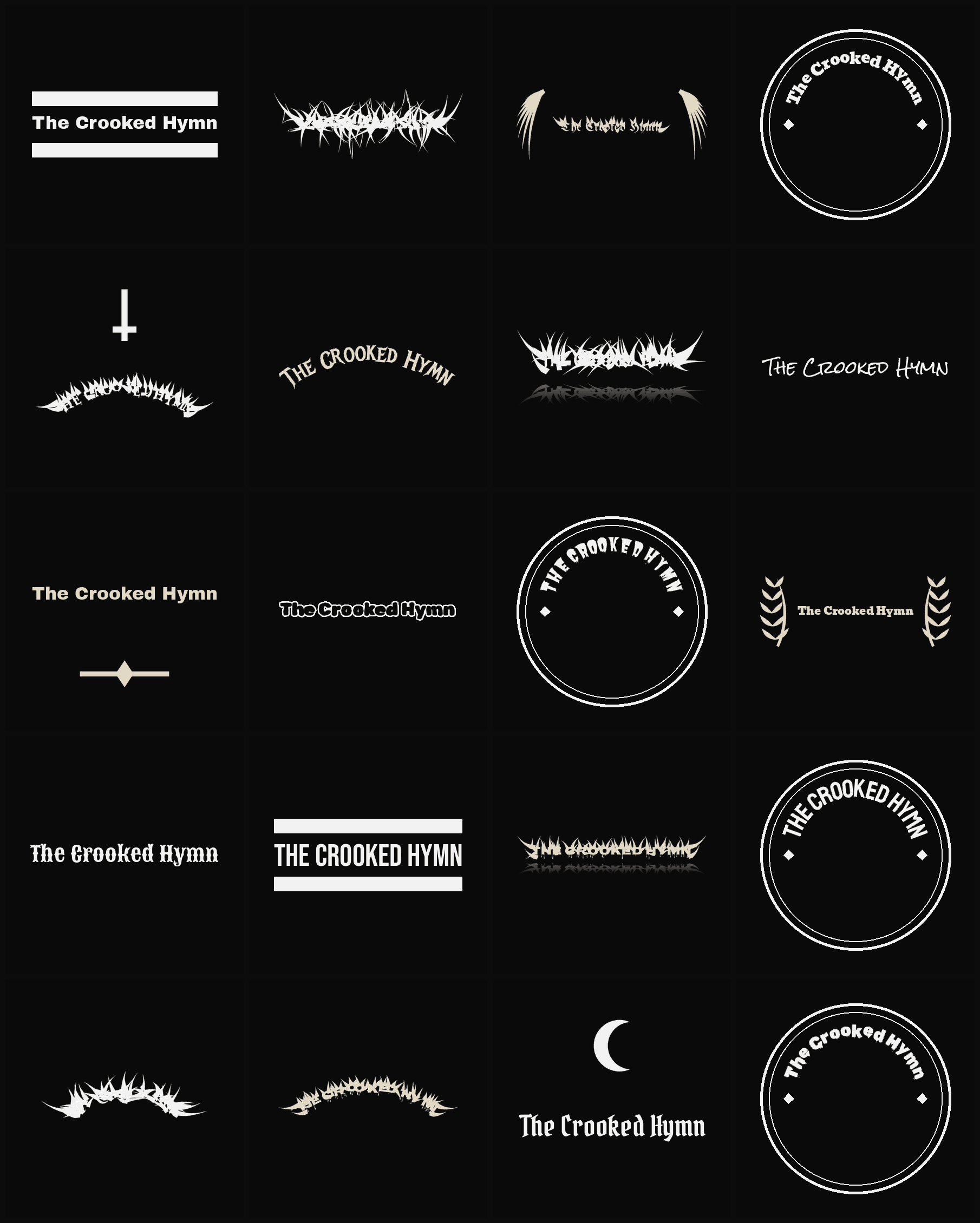 Twenty The Crooked Hymn band logo ideas — different faces, treatments and spike settings