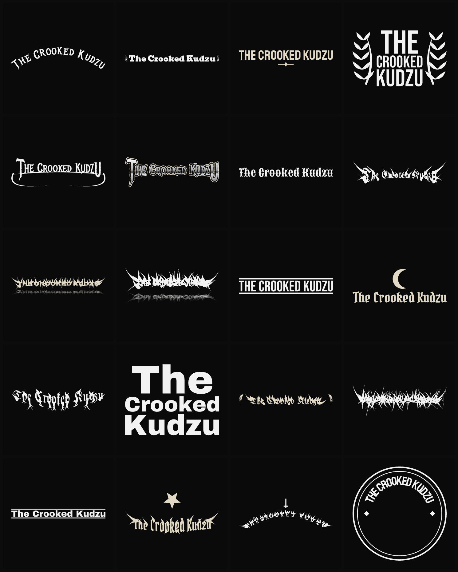 Twenty The Crooked Kudzu band logo ideas — different faces, treatments and spike settings