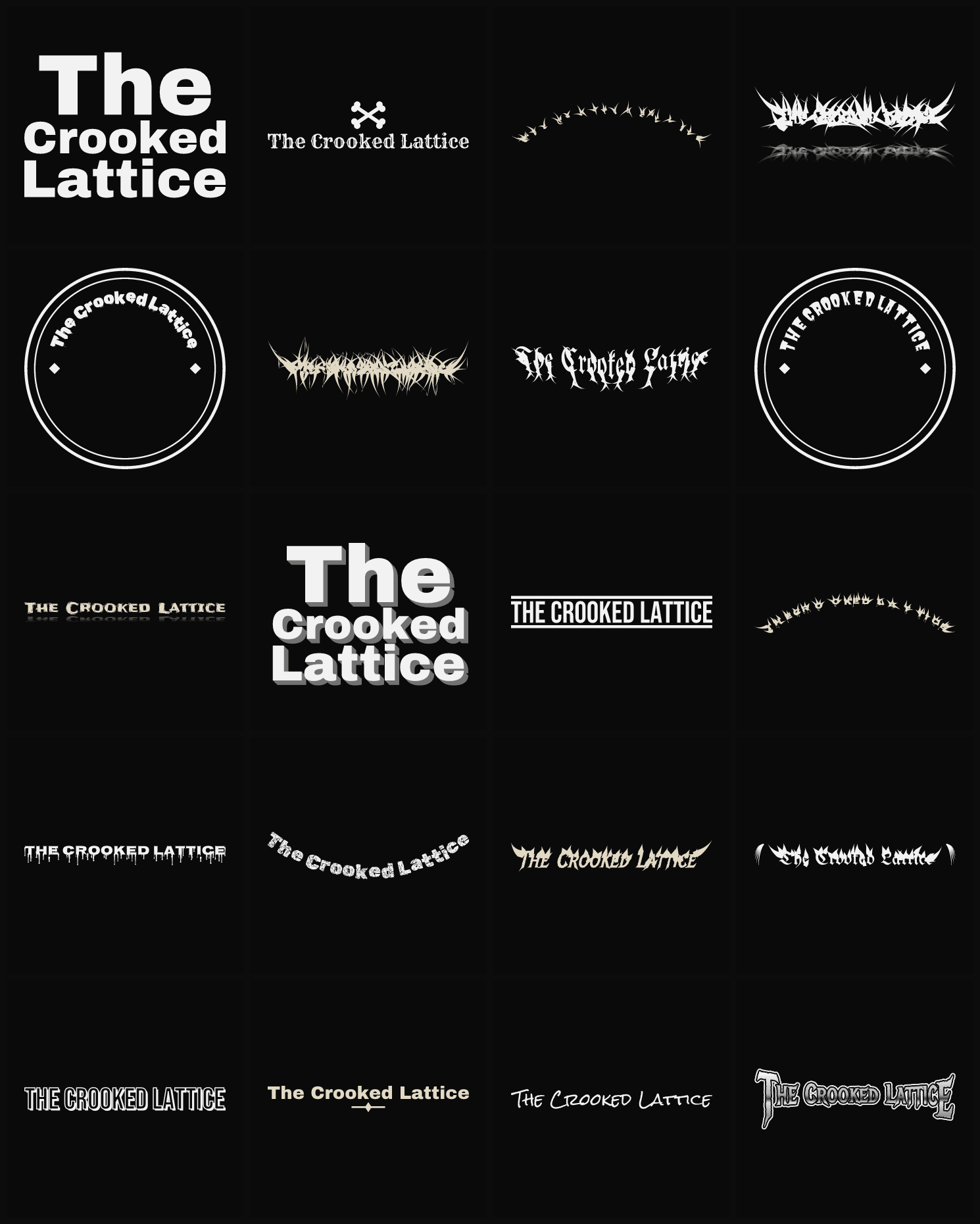 Twenty The Crooked Lattice band logo ideas — different faces, treatments and spike settings