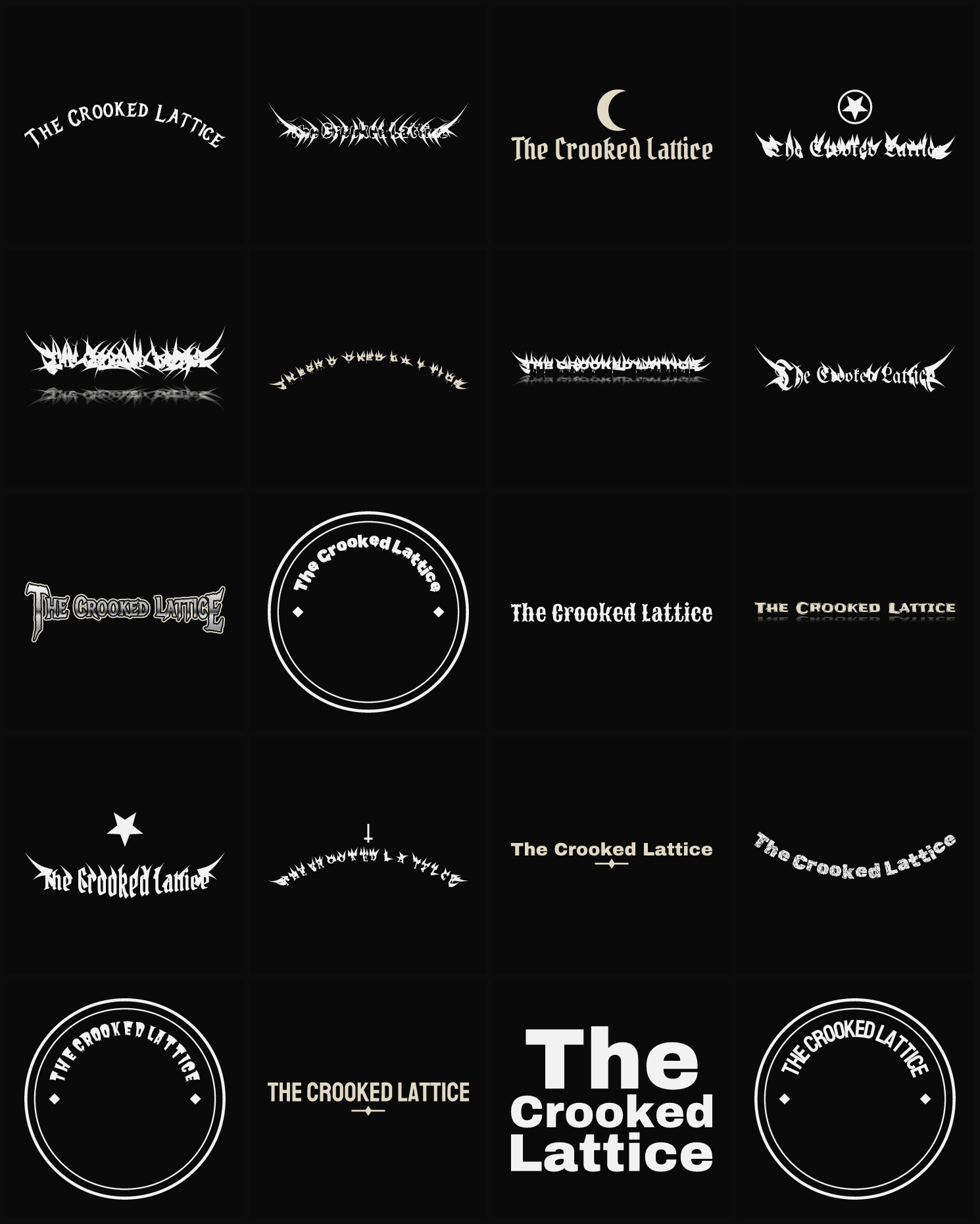 Twenty The Crooked Lattice band logo ideas — different faces, treatments and spike settings
