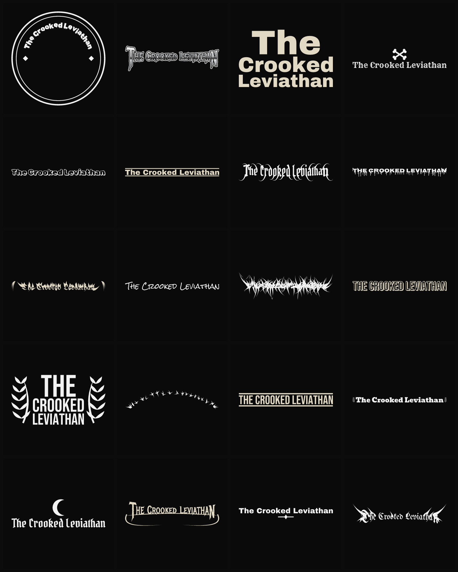 Twenty The Crooked Leviathan band logo ideas — different faces, treatments and spike settings
