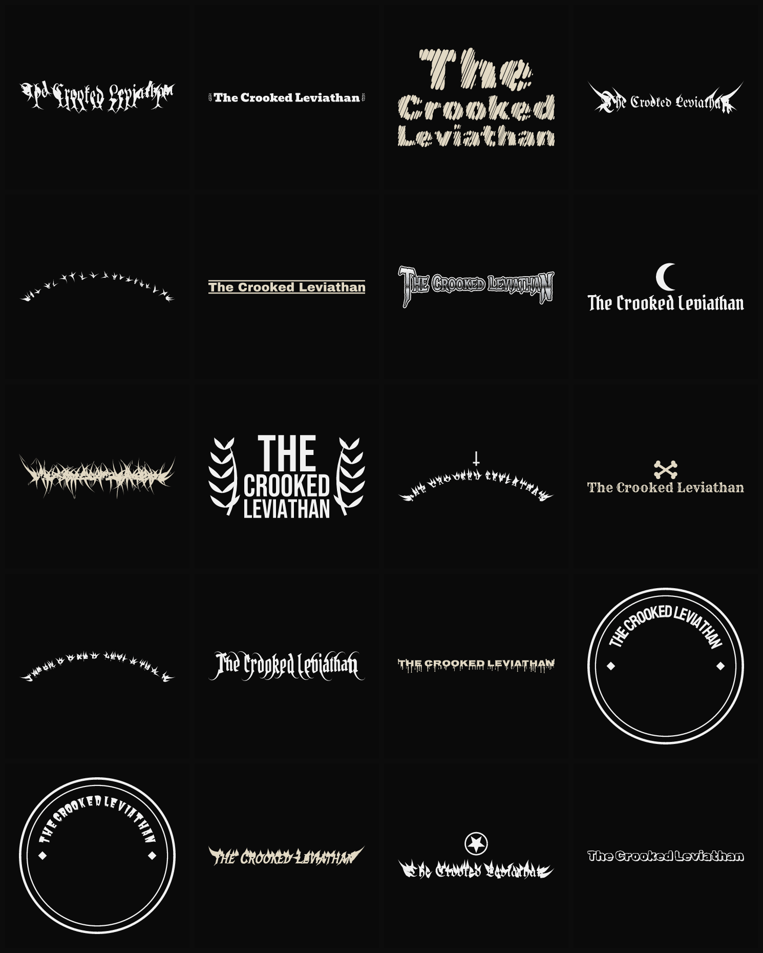 Twenty The Crooked Leviathan band logo ideas — different faces, treatments and spike settings