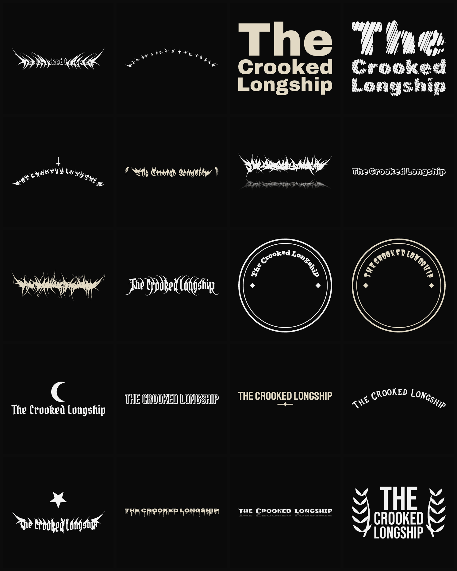 Twenty The Crooked Longship band logo ideas — different faces, treatments and spike settings