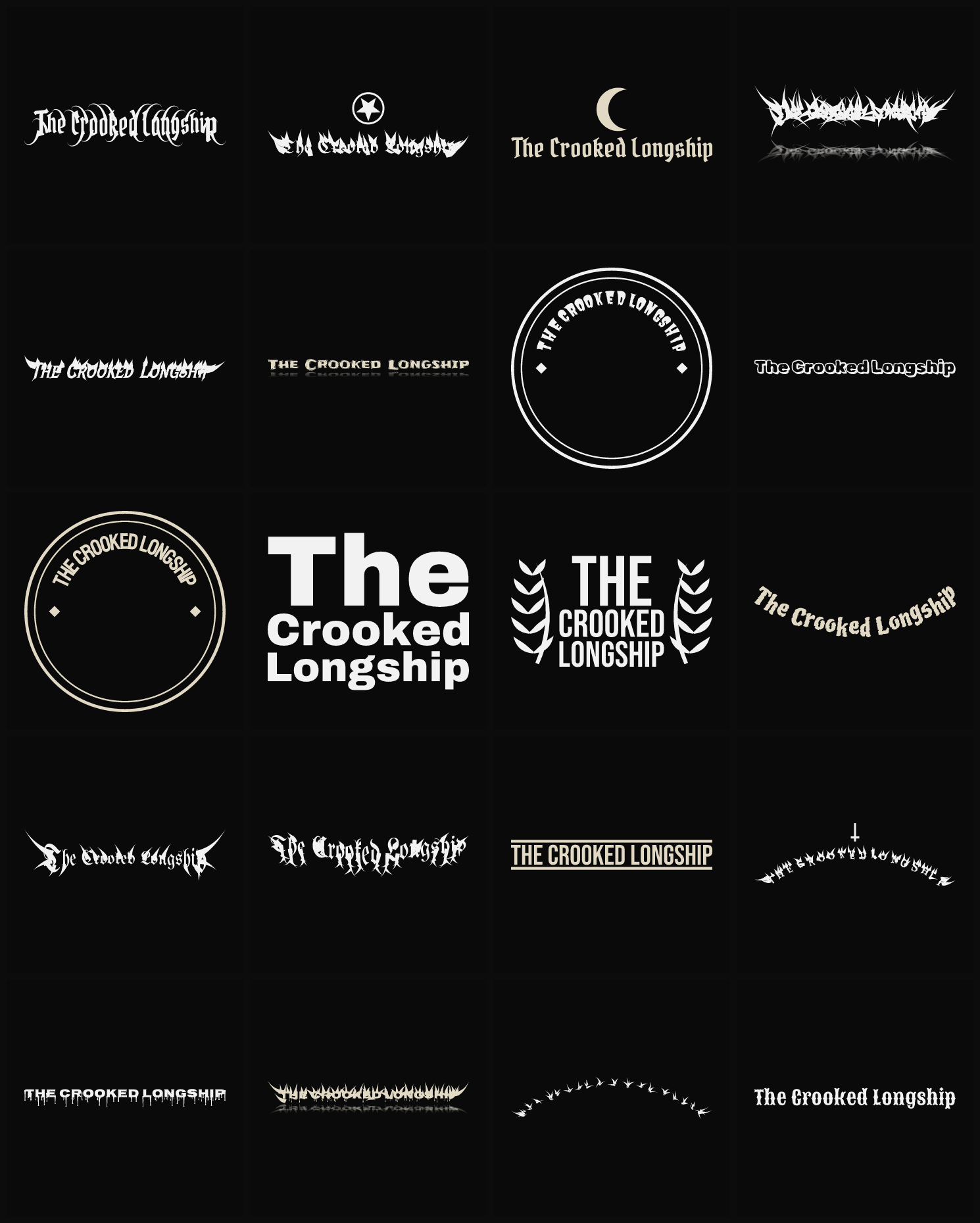 Twenty The Crooked Longship band logo ideas — different faces, treatments and spike settings