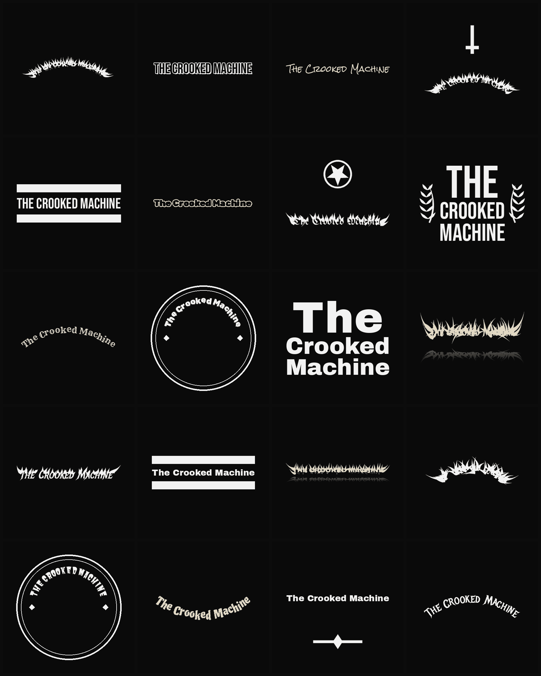 Twenty The Crooked Machine band logo ideas — different faces, treatments and spike settings