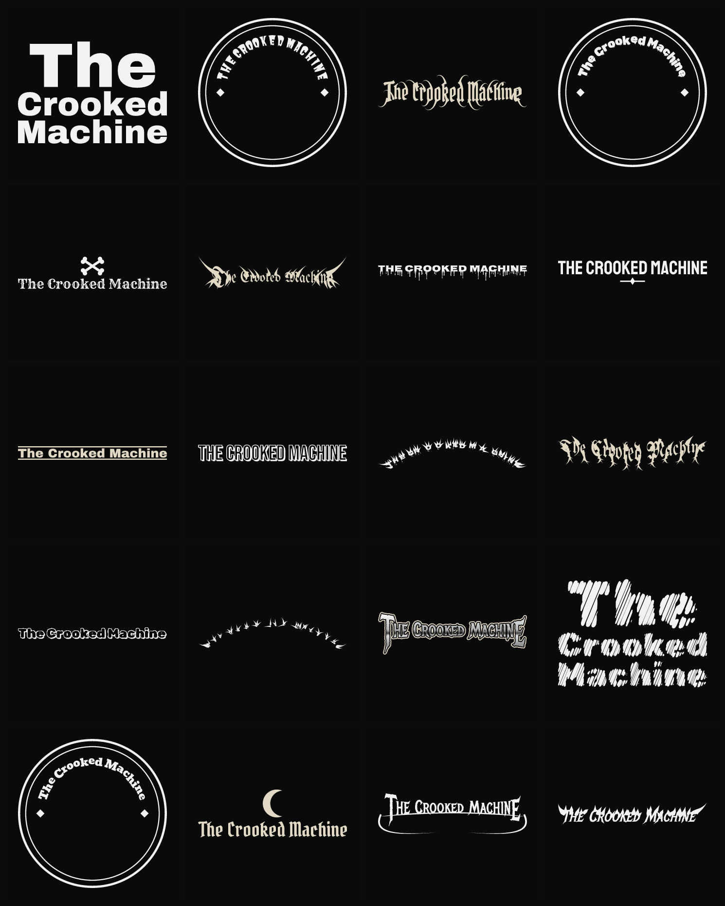 Twenty The Crooked Machine band logo ideas — different faces, treatments and spike settings