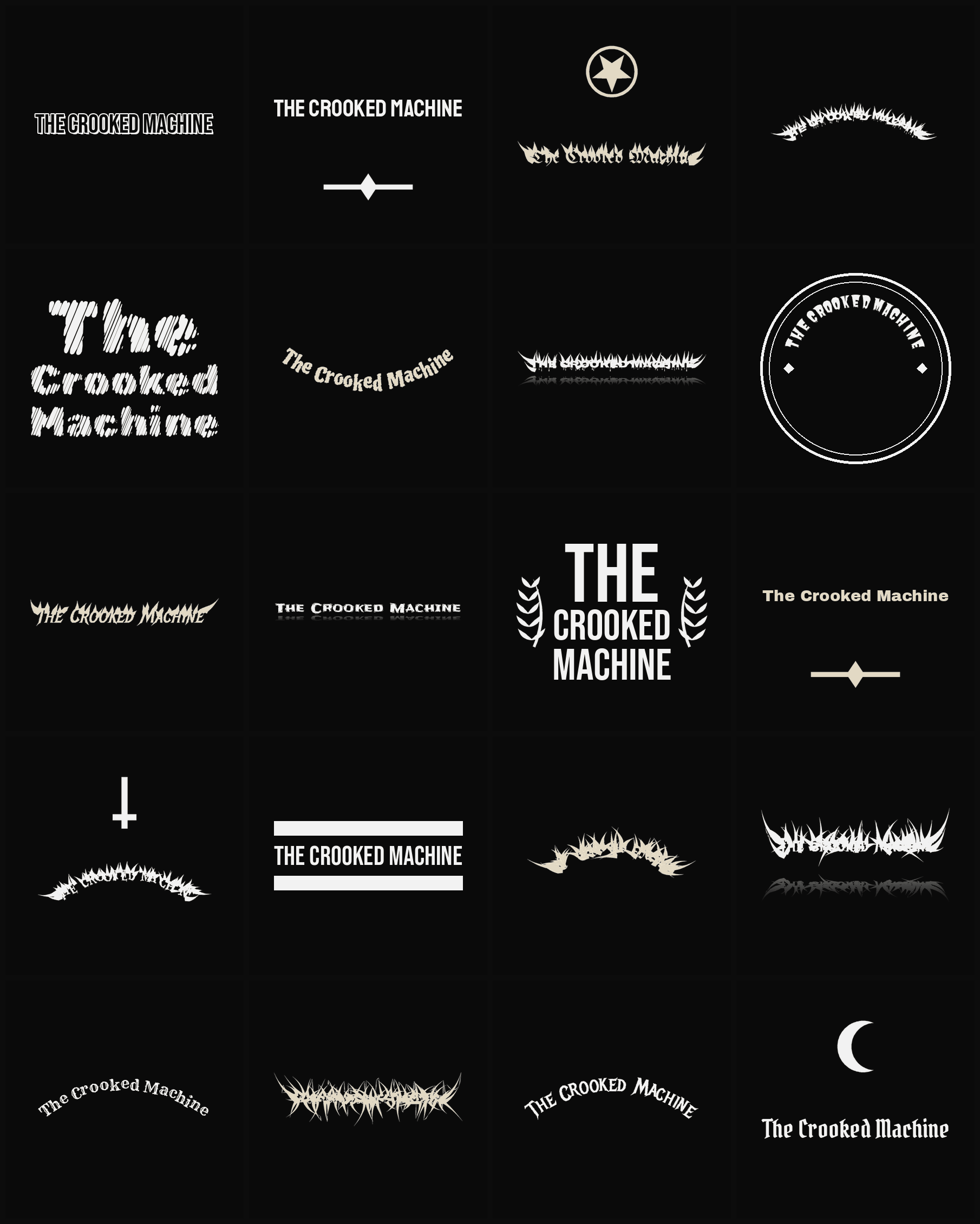 Twenty The Crooked Machine band logo ideas — different faces, treatments and spike settings
