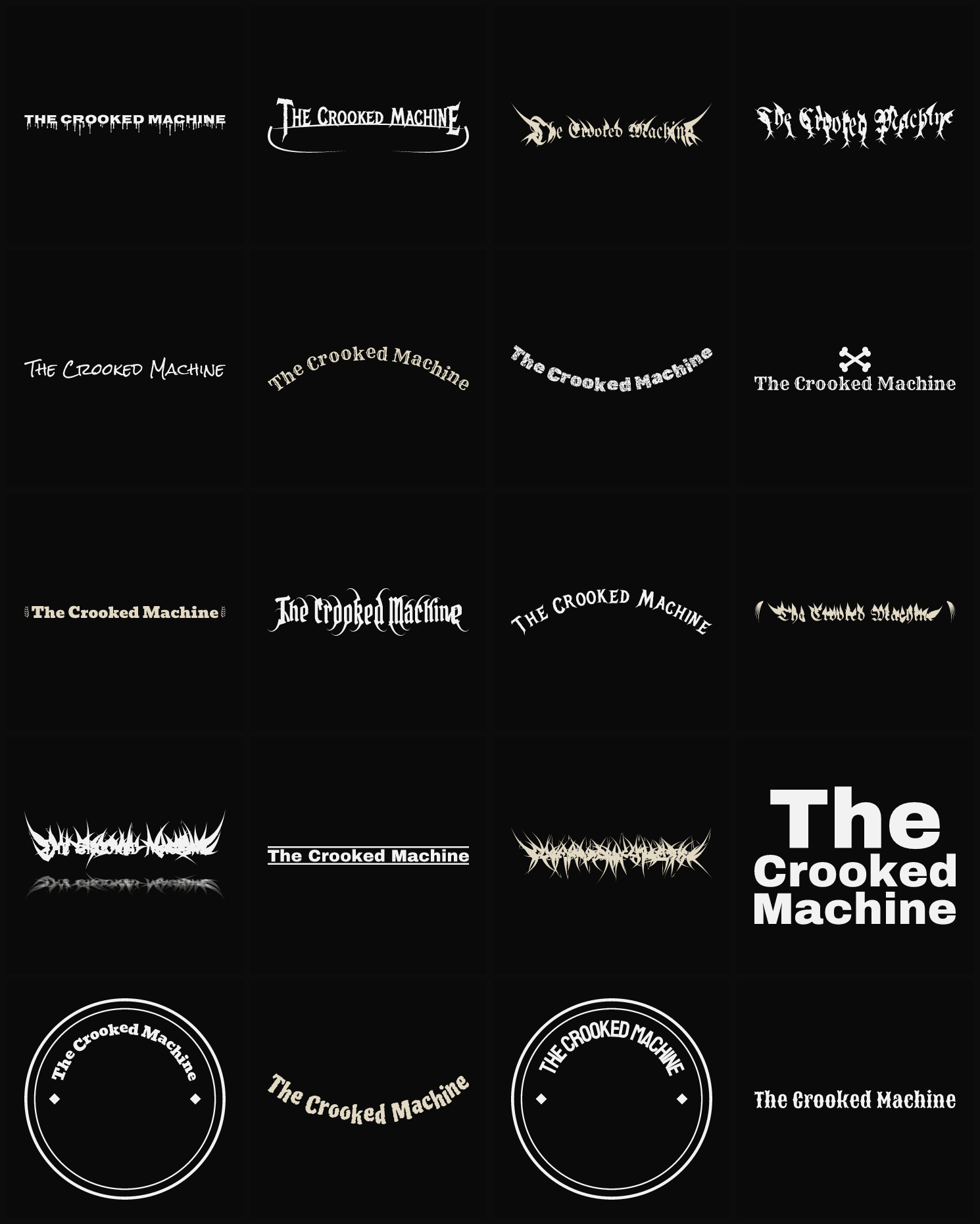 Twenty The Crooked Machine band logo ideas — different faces, treatments and spike settings