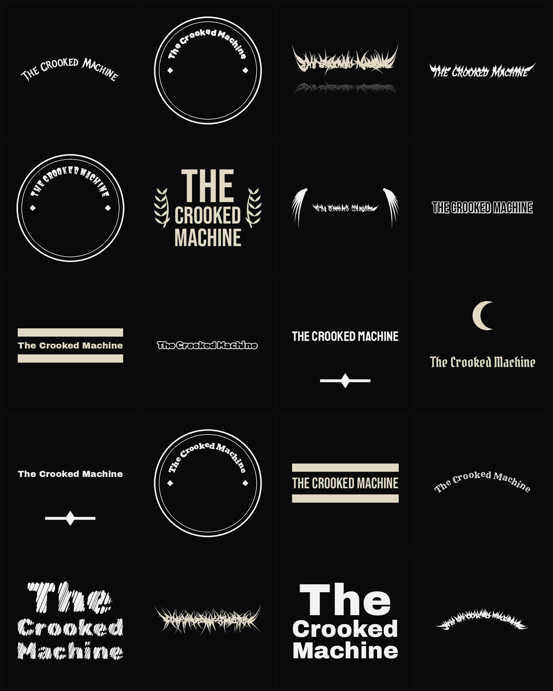 Twenty The Crooked Machine band logo ideas — different faces, treatments and spike settings