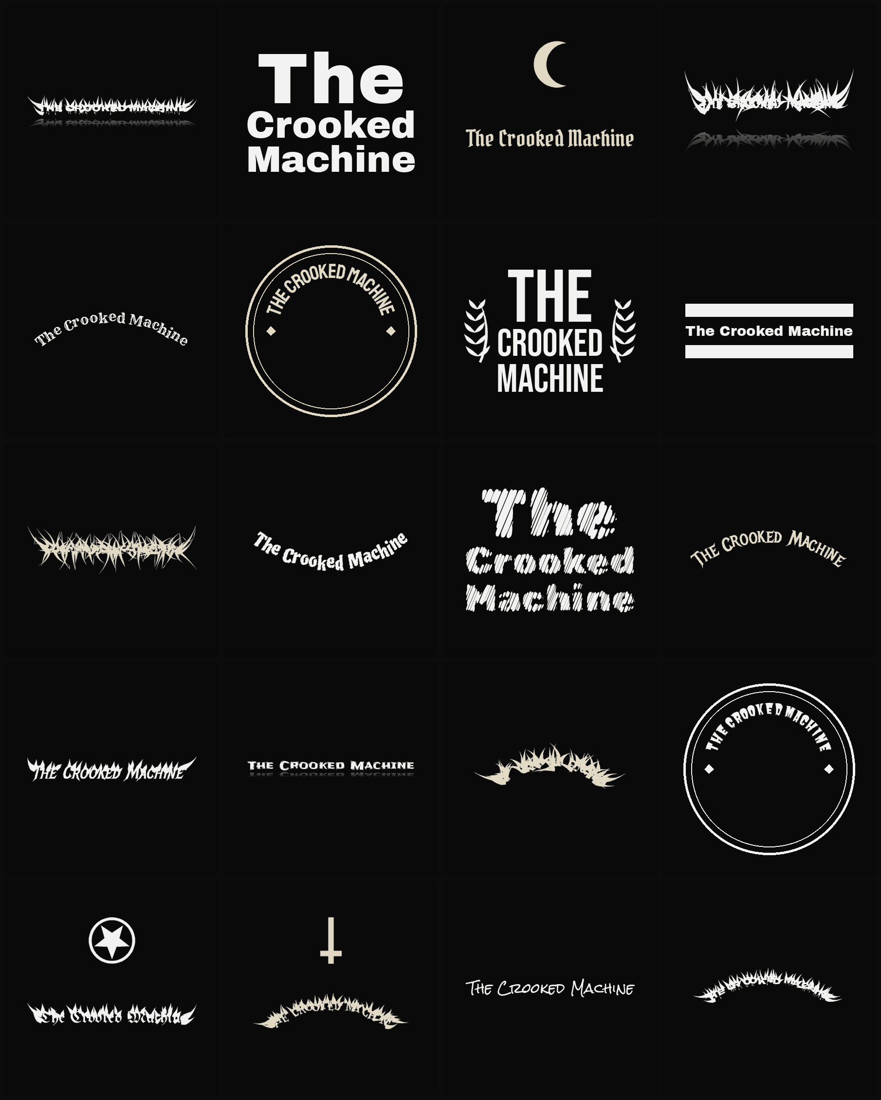 Twenty The Crooked Machine band logo ideas — different faces, treatments and spike settings