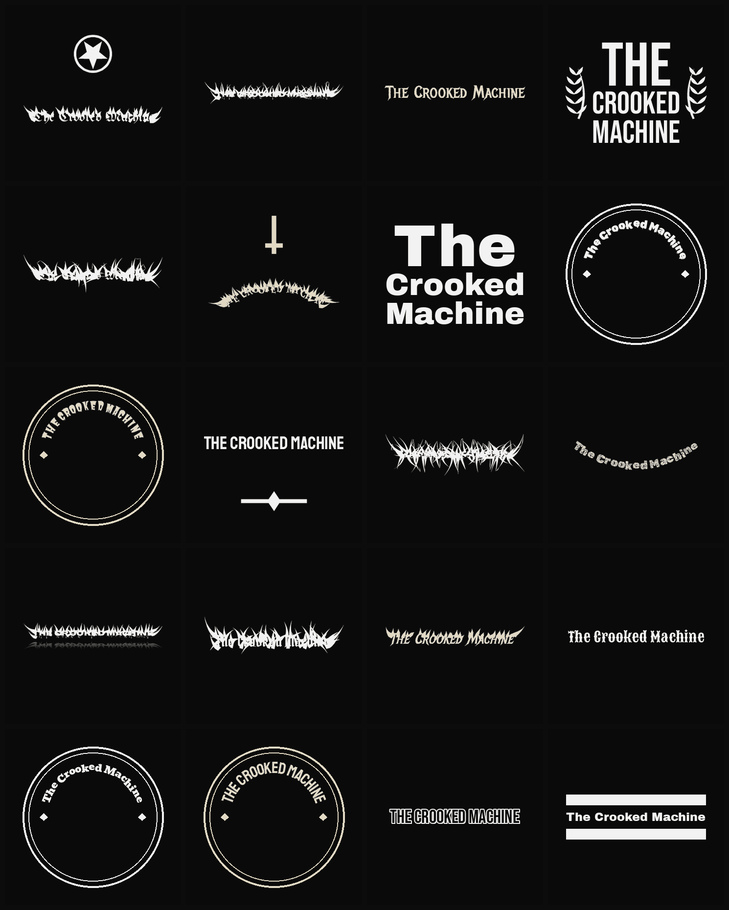 Twenty The Crooked Machine band logo ideas — different faces, treatments and spike settings