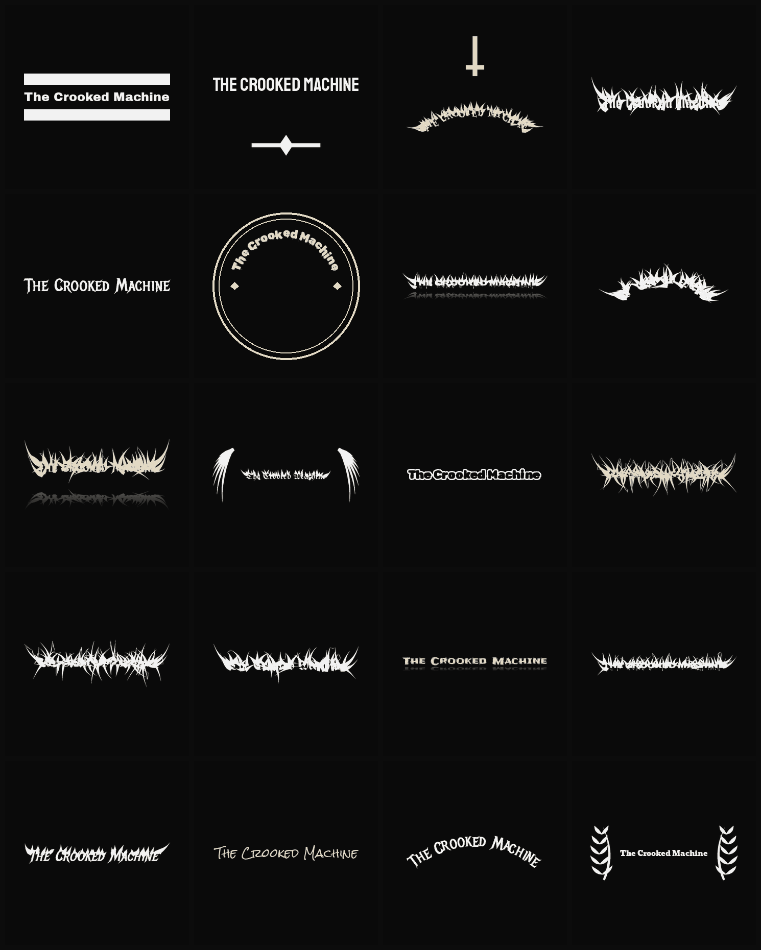 Twenty The Crooked Machine band logo ideas — different faces, treatments and spike settings