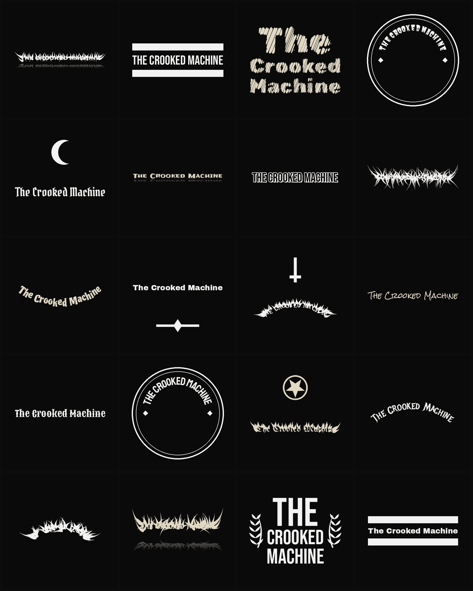 Twenty The Crooked Machine band logo ideas — different faces, treatments and spike settings
